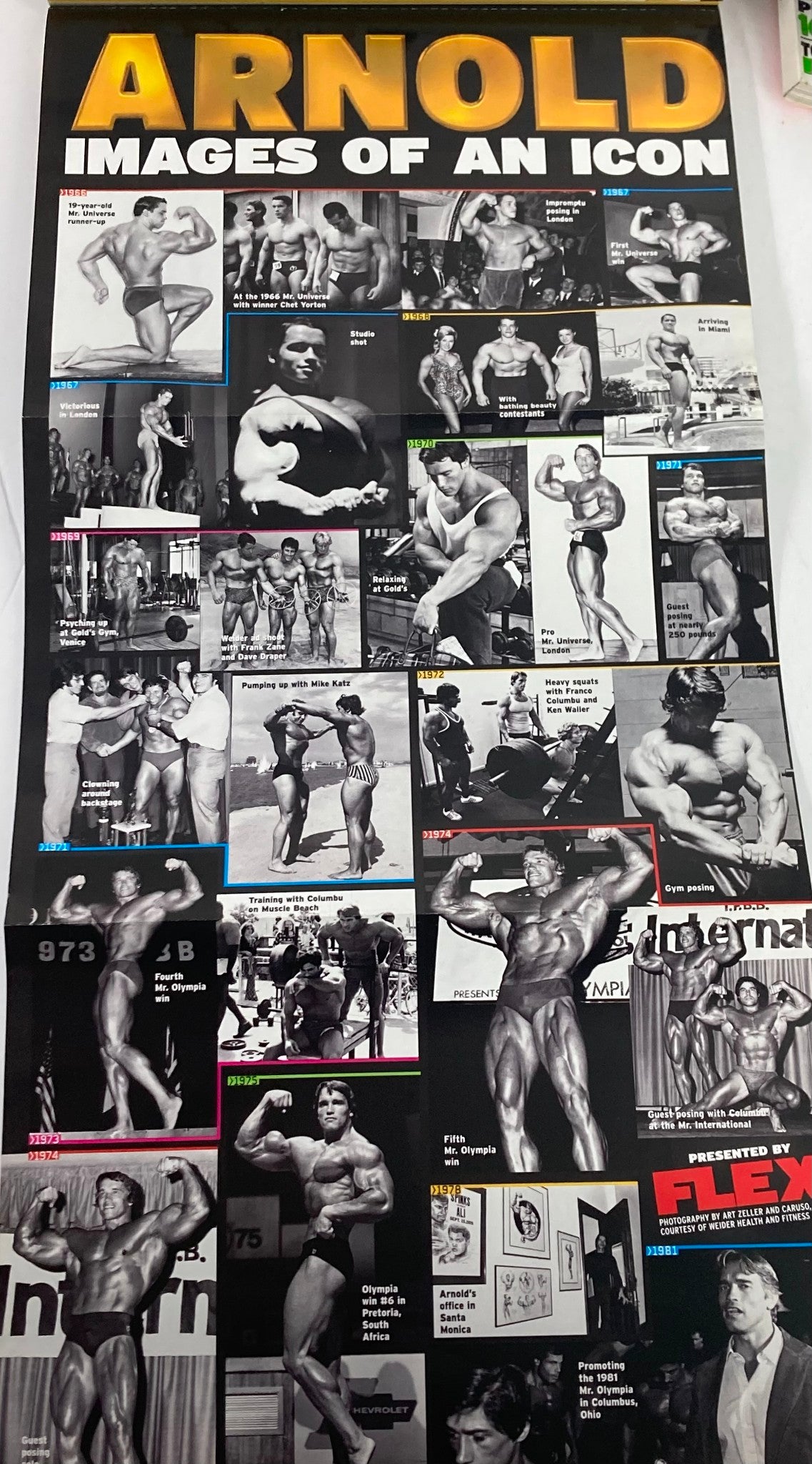 Another poster from Flex Magazine, September 2004, Volume 22 #7, showcasing a collage of iconic images of Arnold Schwarzenegger, celebrating his legendary status in bodybuilding and fitness.