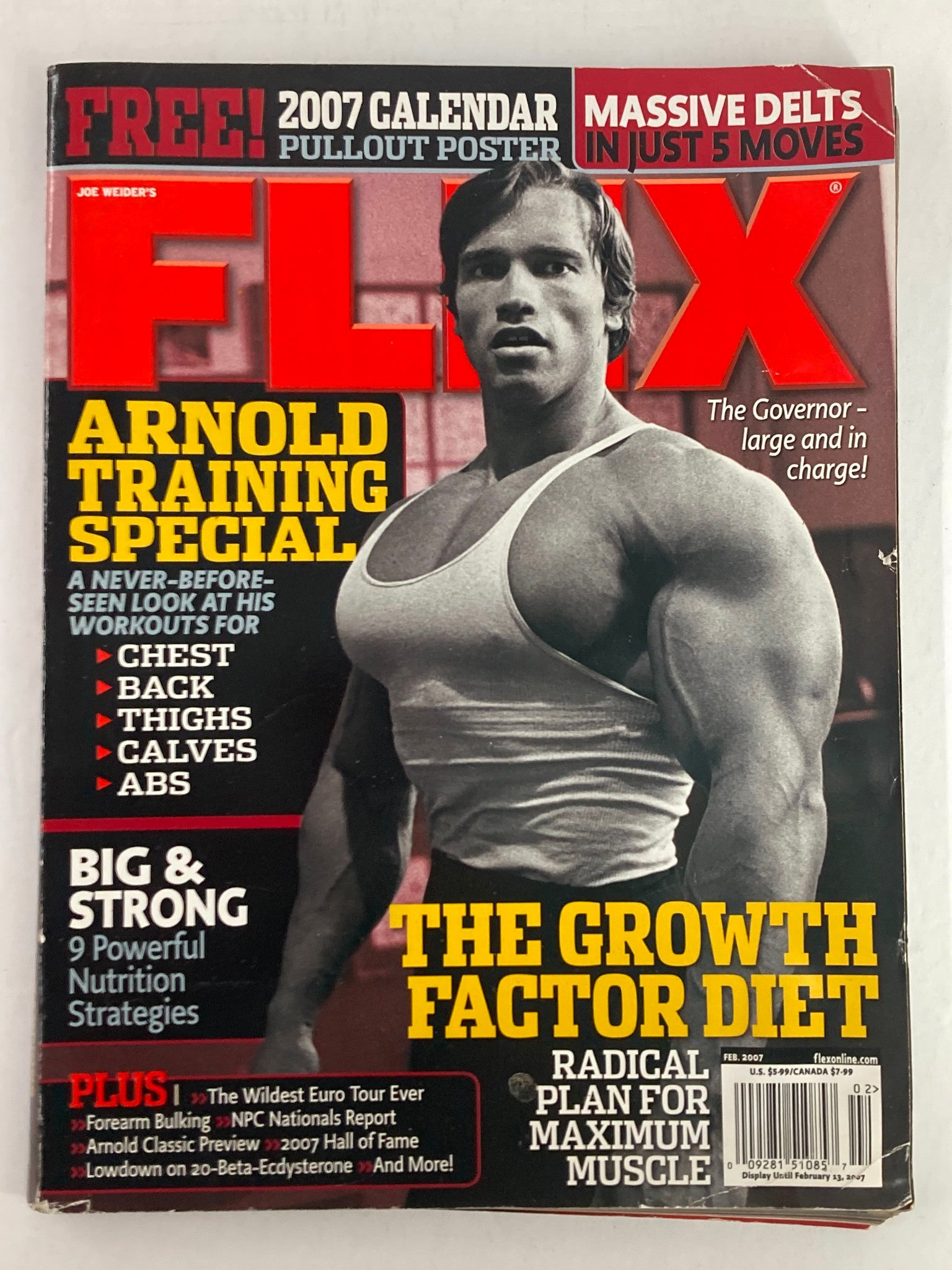 Cover of Flex Magazine February 2007 featuring Arnold Schwarzenegger, highlighting the Arnold Training Special and the Growth Factor Diet, a collectible issue perfect for bodybuilding enthusiasts.