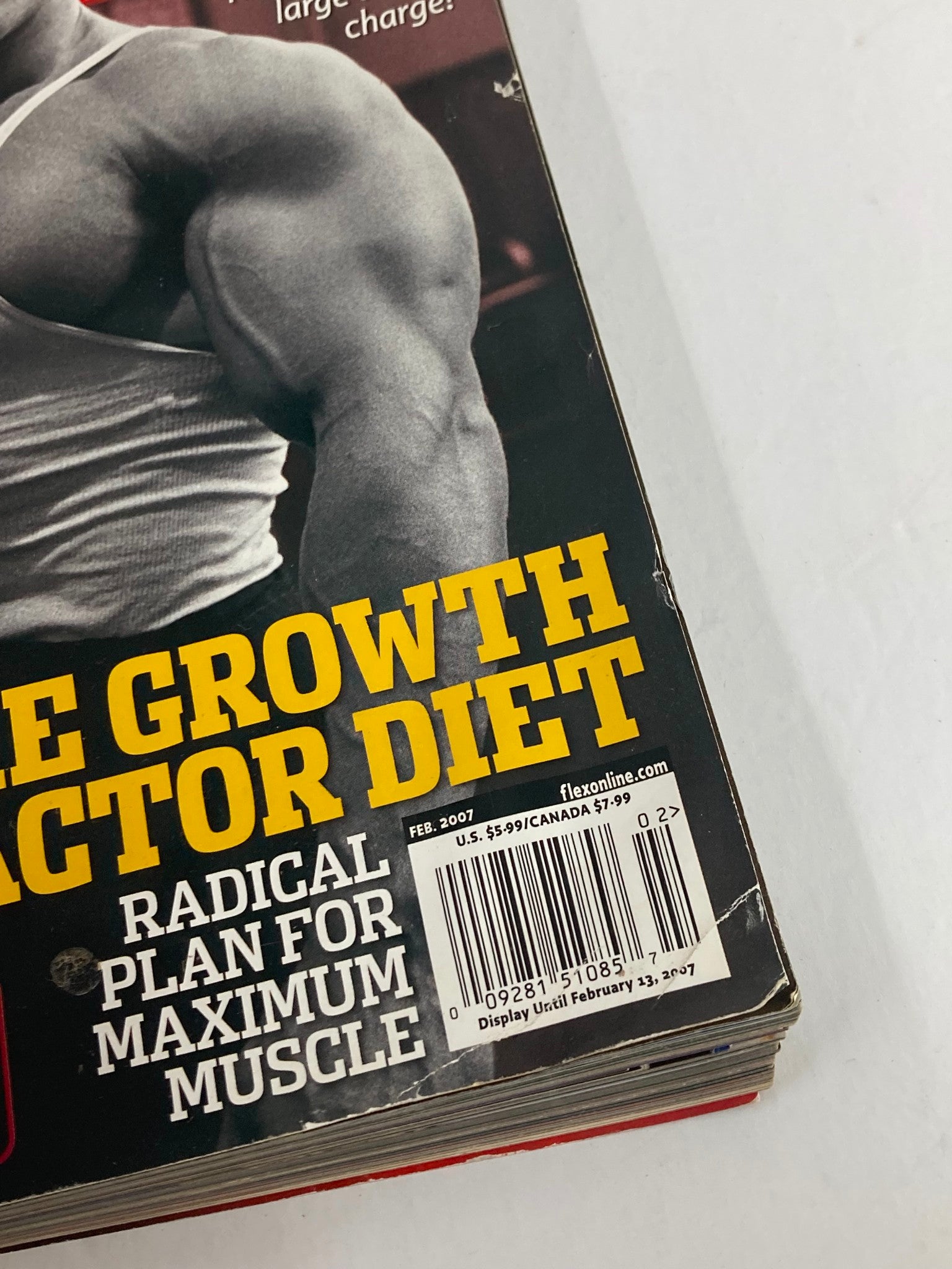 Close-up of the spine and barcode from Flex Magazine February 2007 featuring Arnold Schwarzenegger, showcasing publication details and condition, ideal for vintage magazine collectors.