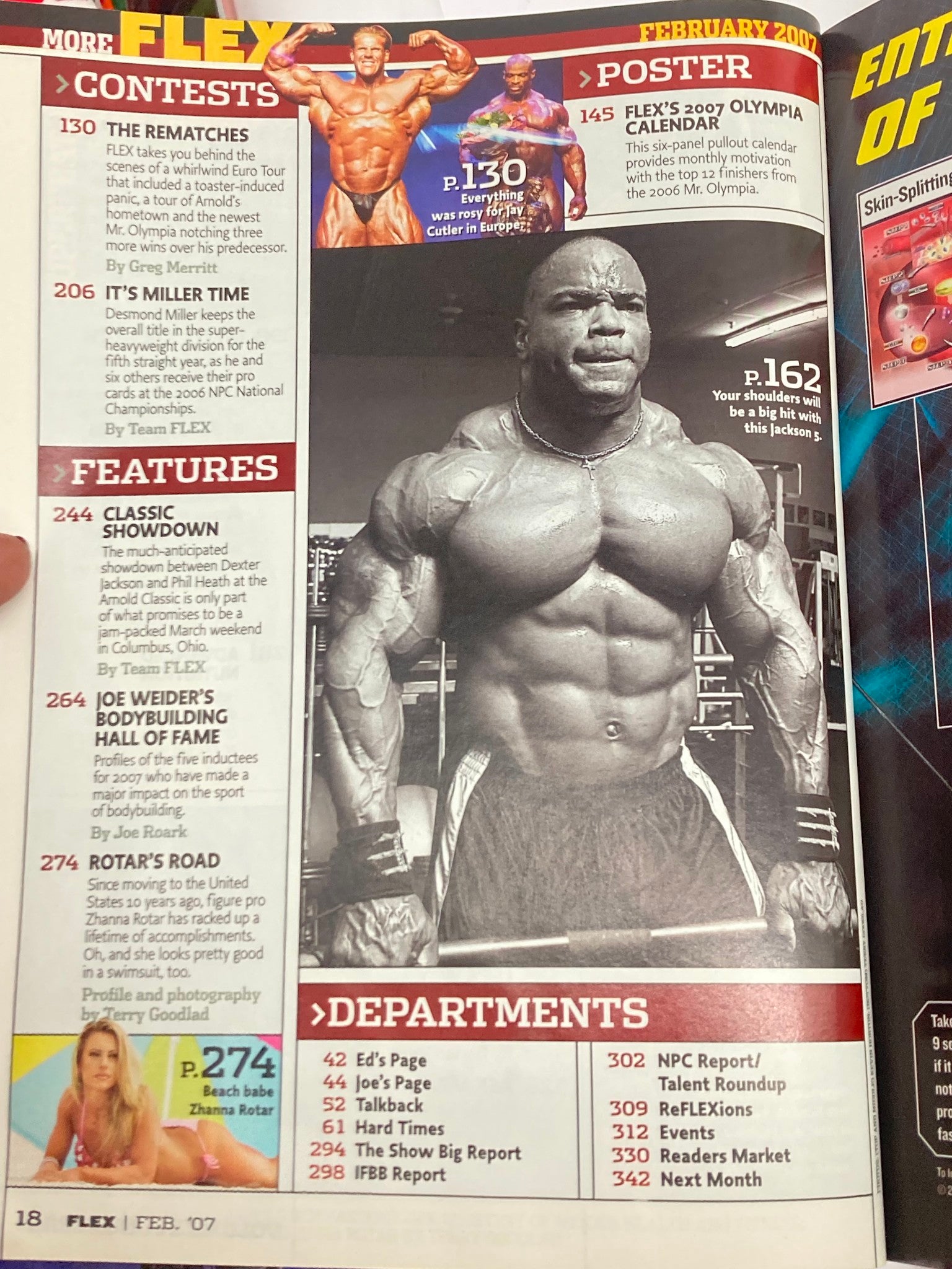 Interior page from Flex Magazine February 2007 featuring a muscular bodybuilder, part of the bodybuilding culture, highlighting Arnold Schwarzenegger w Poster.