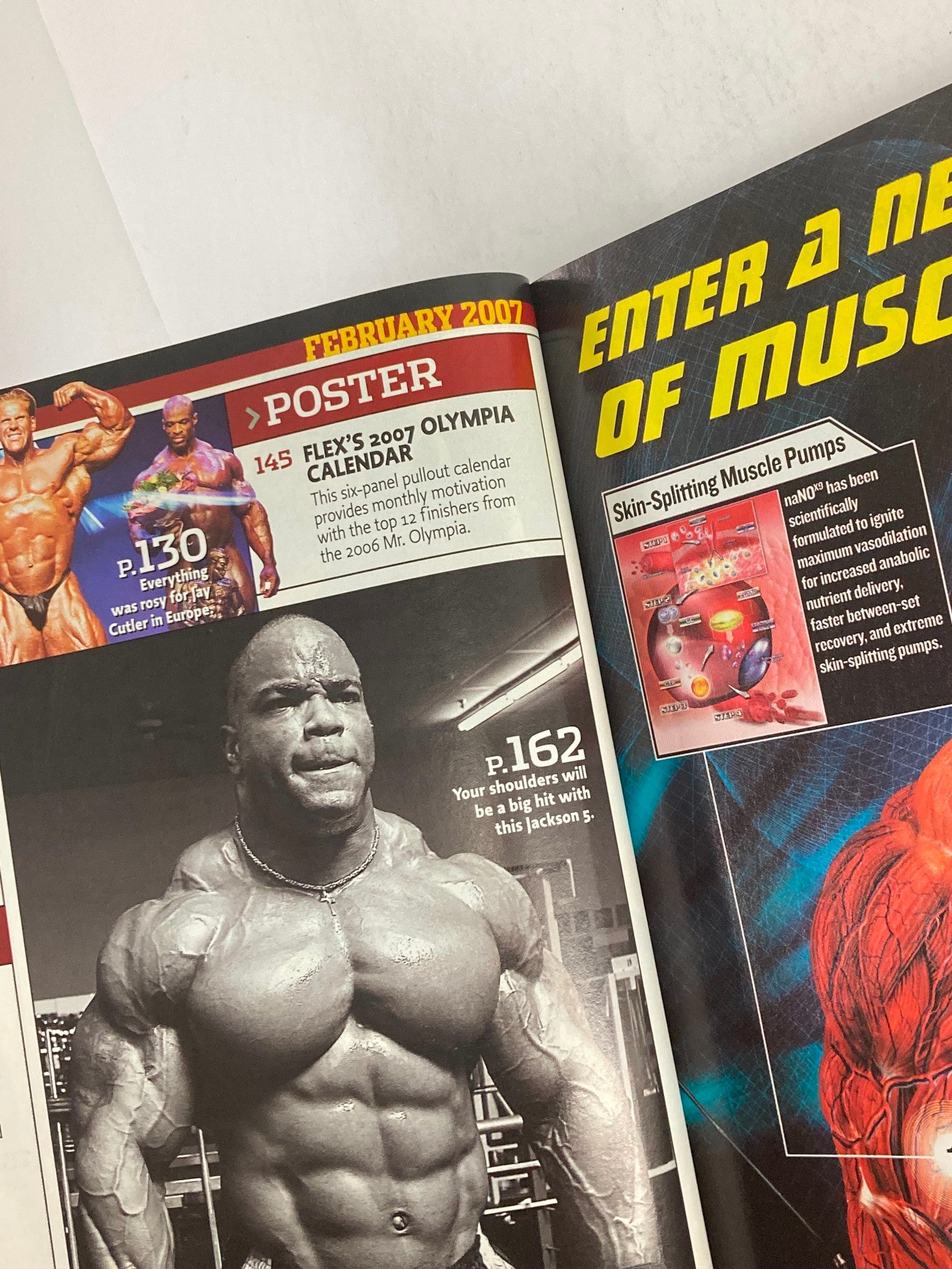 Interior page of Flex Magazine February 2007 showcasing the 2007 Olympia Calendar with notable bodybuilders, related to Arnold Schwarzenegger w Poster.