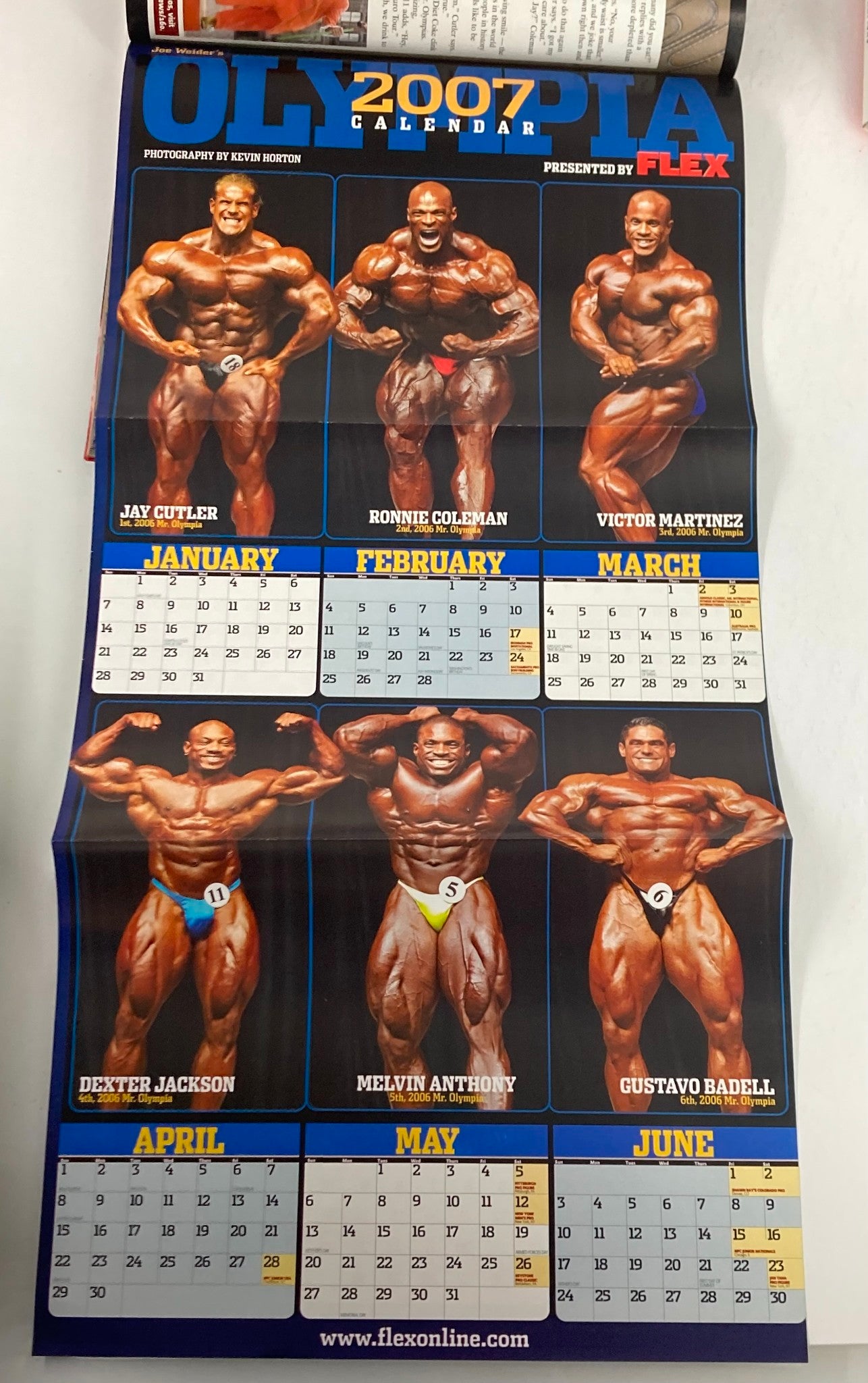 Poster calendar page from Flex Magazine February 2007 displaying famous bodybuilders Jay Cutler and others, tied to Arnold Schwarzenegger w Poster.