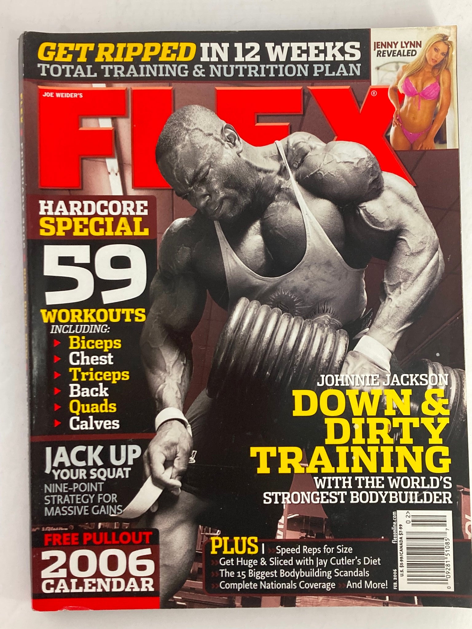 Flex Magazine February 2006 featuring Johnnie Jackson on the cover, showcasing a hardcore bodybuilding theme with workout tips, nutrition plans, and a 2006 calendar.