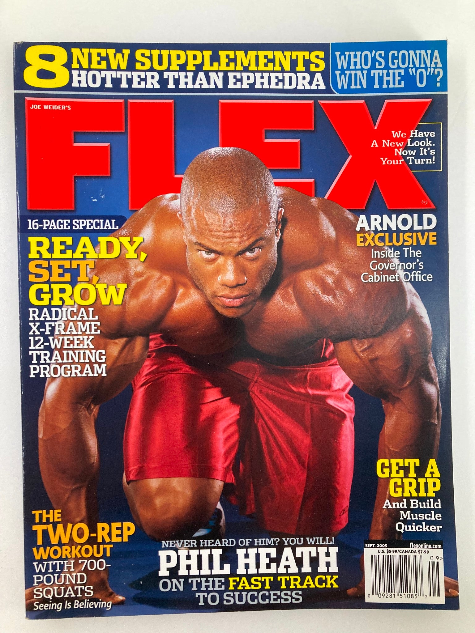 Flex Magazine September 2005 cover featuring Phil Heath on the Fast Track to Success, showcasing bodybuilding with vibrant colors and eye-catching graphics.