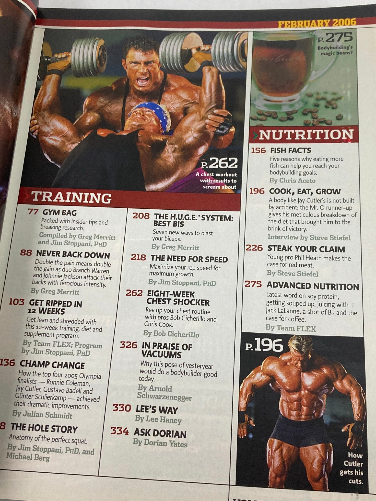 Inside pages of Flex Magazine February 2006, highlighting training routines and nutrition articles for bodybuilders, including Johnnie Jackson's workouts.
