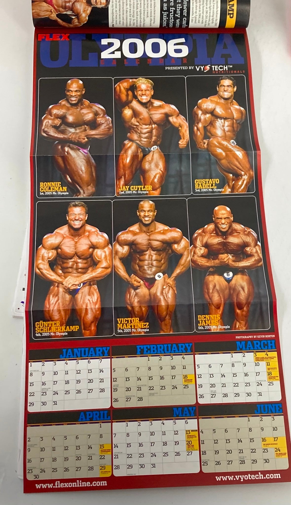 Poster calendar from Flex Magazine February 2006 featuring iconic bodybuilders, including Johnnie Jackson and Jay Cutler, displaying monthly workout inspiration.