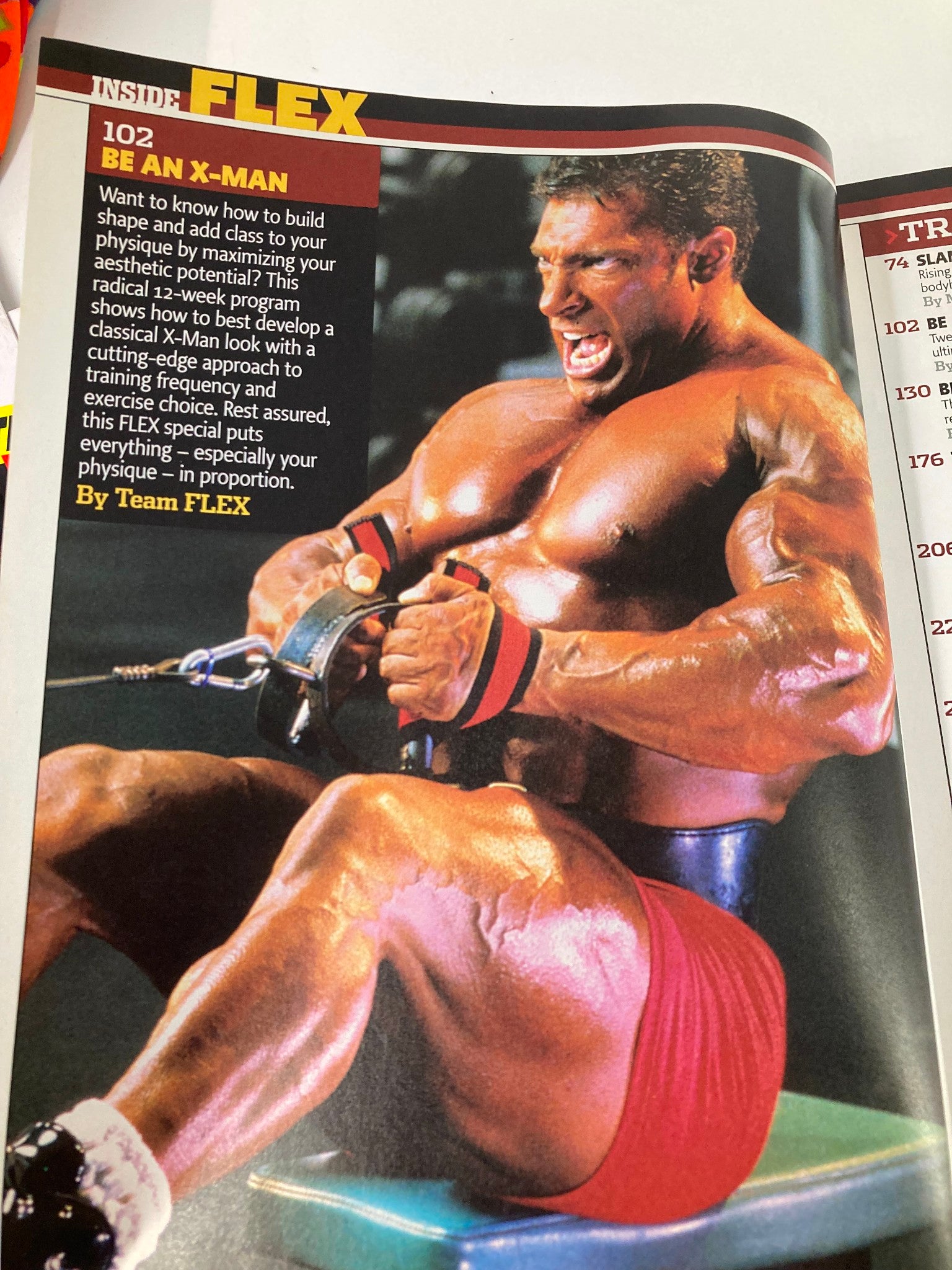 Interior page from Flex Magazine September 2005, illustrating a muscular bodybuilder performing a workout with a focus on physique development and training techniques.