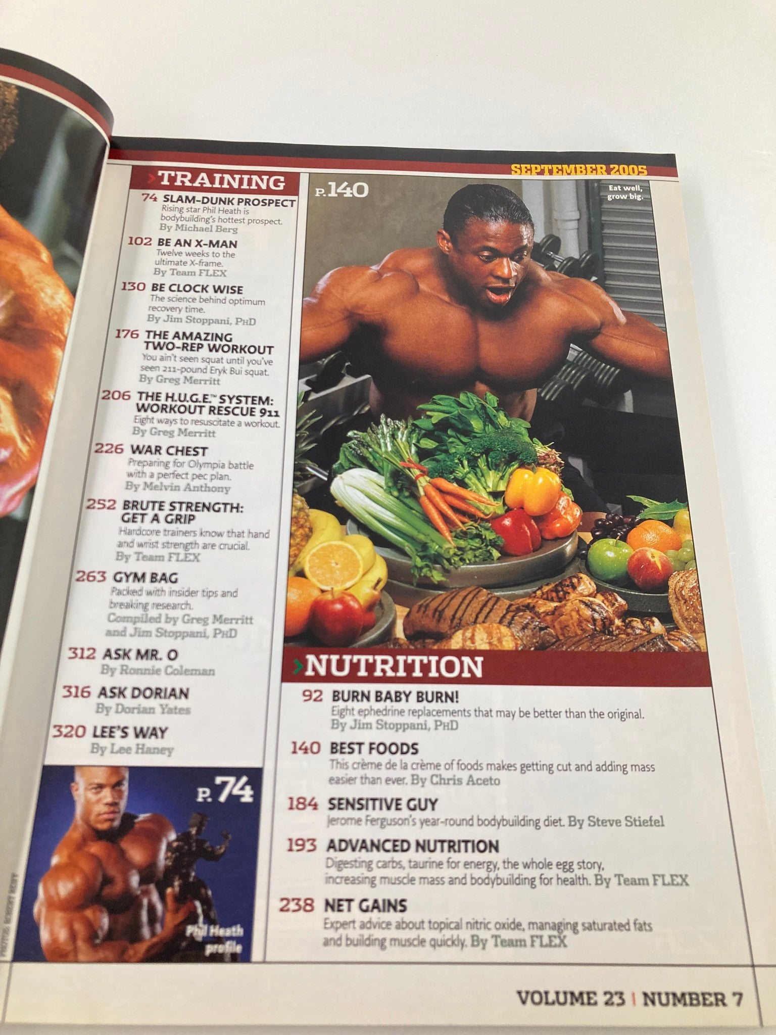 Another interior page from Flex Magazine September 2005, highlighting nutrition tips alongside workout routines, emphasizing the connection between diet and bodybuilding.