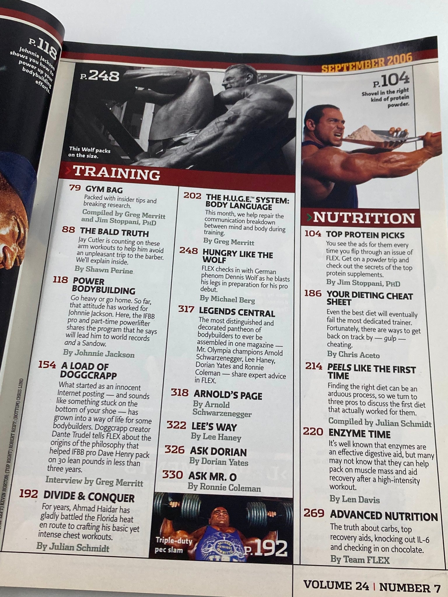 Interior page of Flex Magazine September 2006 displaying articles on training, including sections on bodybuilding and nutrition.
