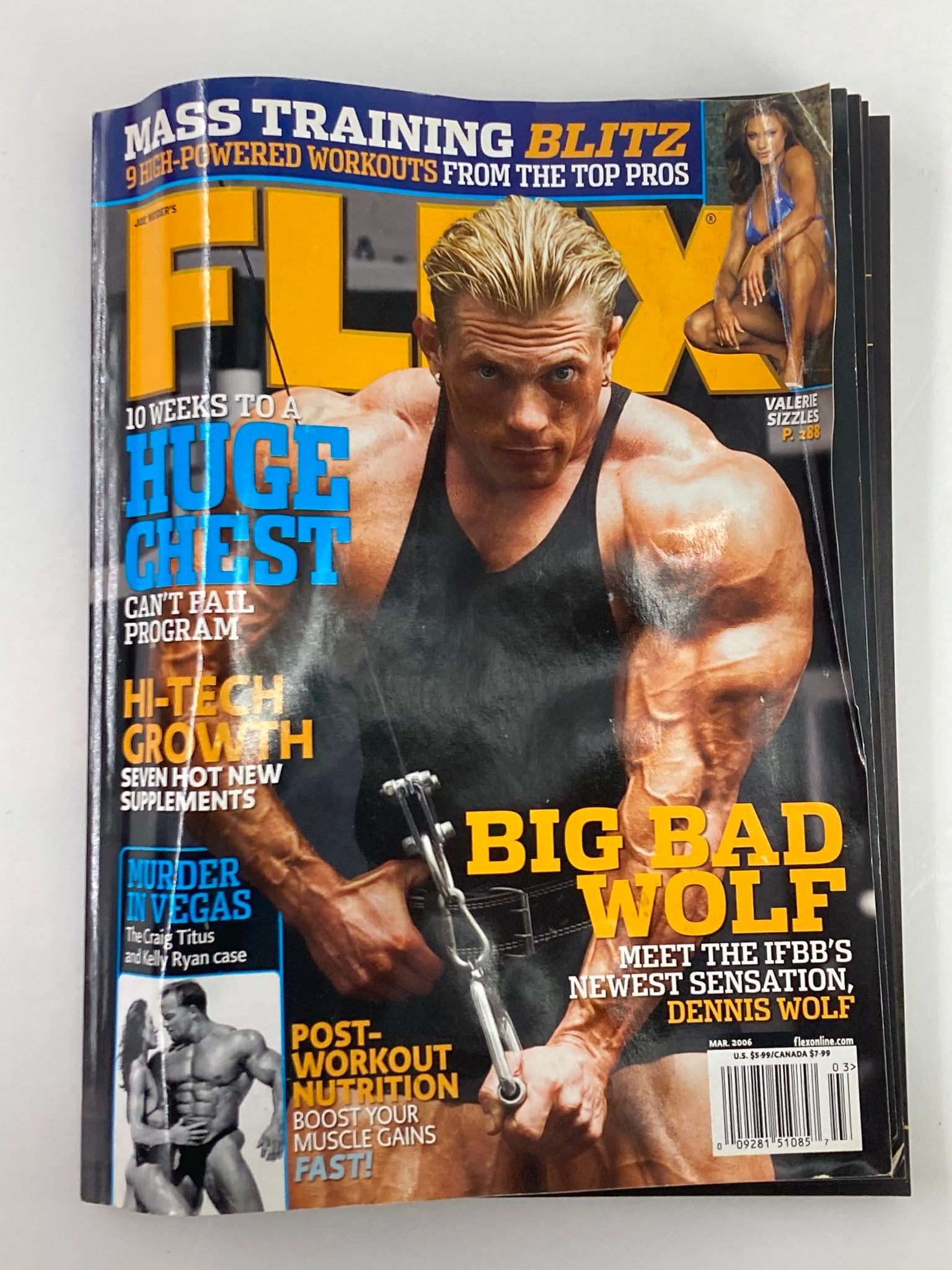 Cover of Flex Magazine March 2006 Vol 24 #1 featuring Dennis Wolf, showcasing bodybuilding and fitness culture with emphasis on his rise as an IFBB sensation.