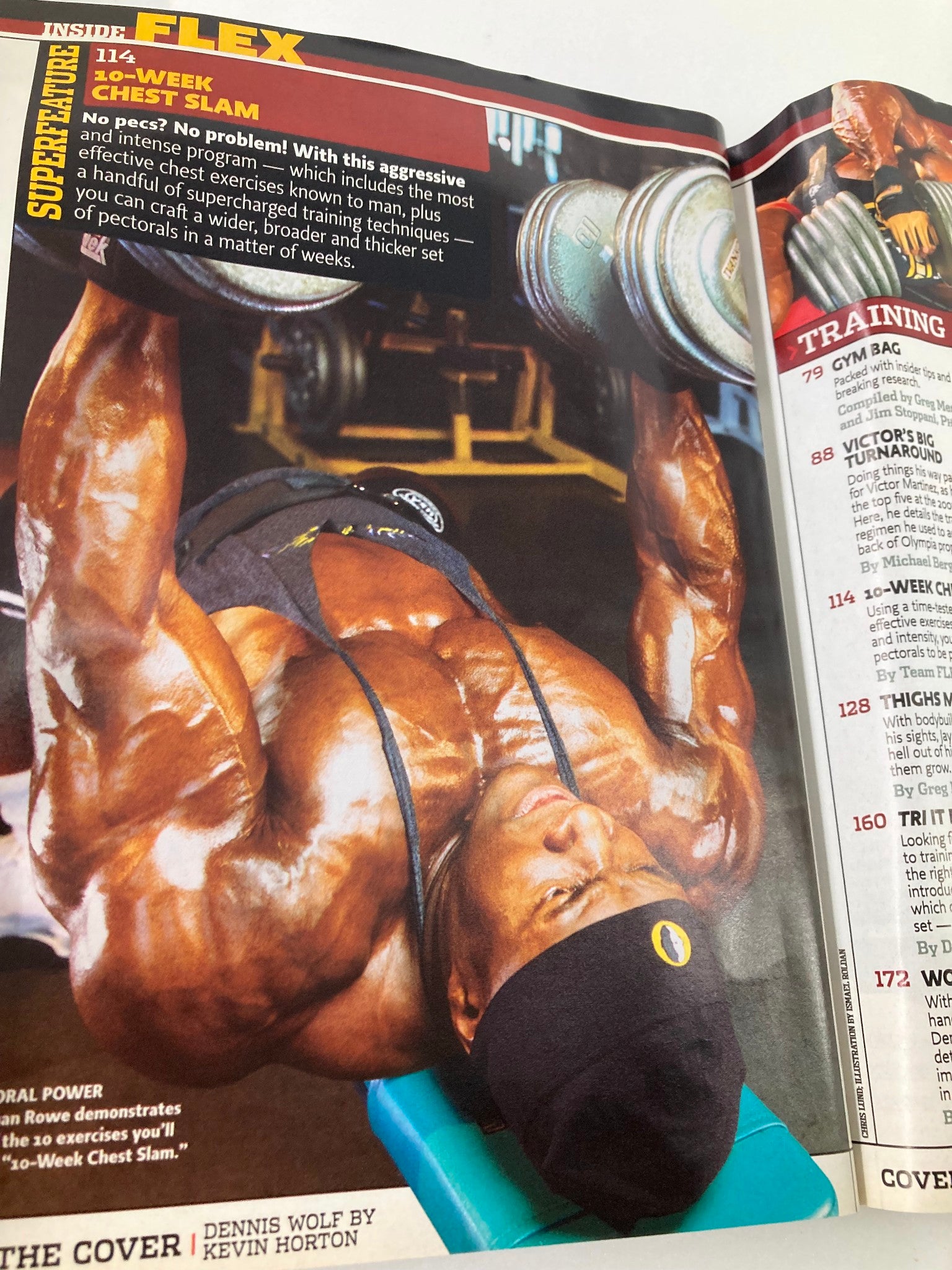 Interior page of Flex Magazine March 2006 Vol 24 #1 showcasing a bodybuilder performing a chest slam exercise, representing fitness training insights from that era.