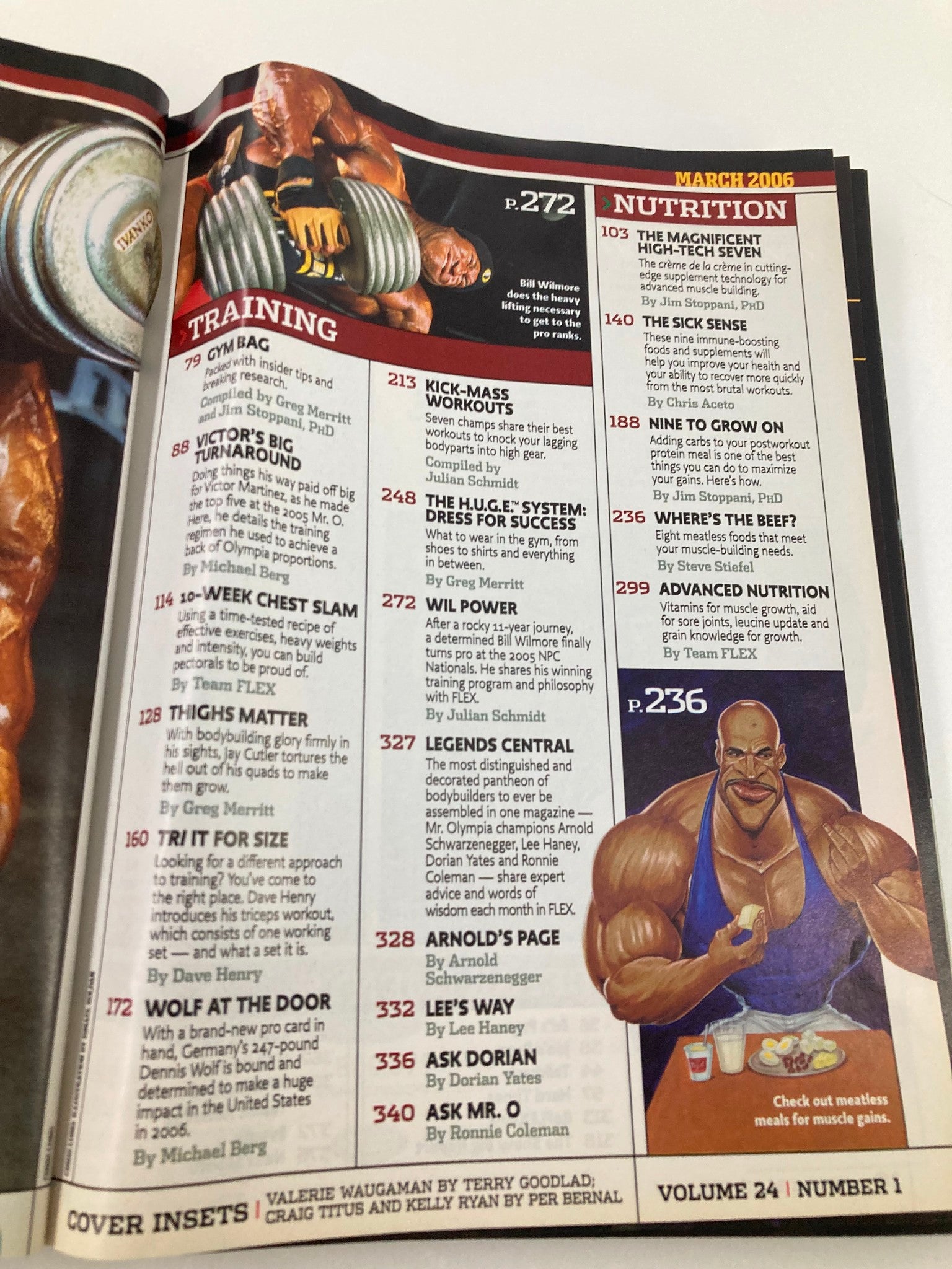 Another interior page of Flex Magazine March 2006 Vol 24 #1 displaying a detailed contents list, focusing on training and nutrition topics relevant to bodybuilding.