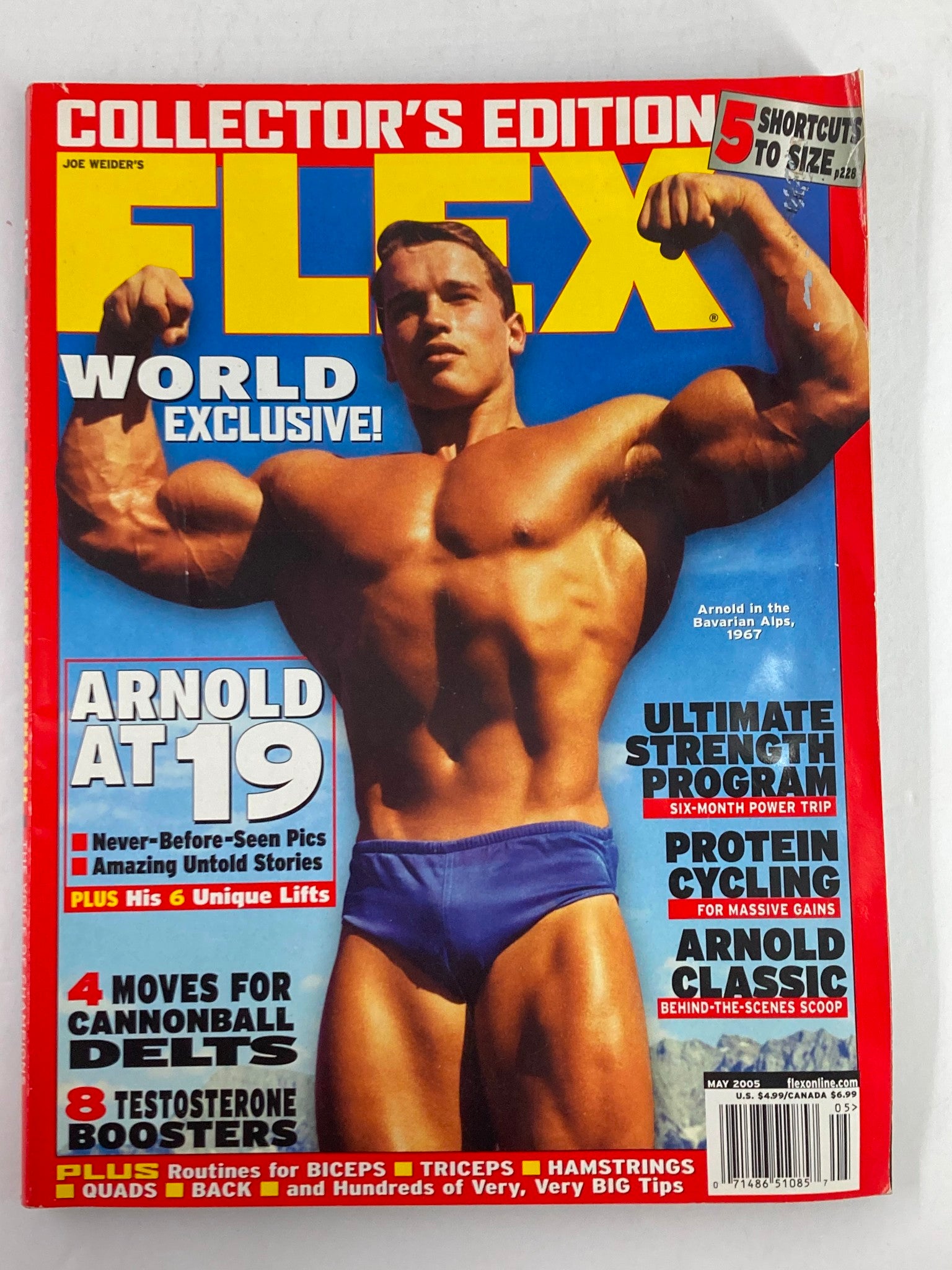 Cover of Flex Magazine May 2005 featuring Arnold Schwarzenegger flexing his muscles, showcasing the fitness culture of the early 2000s in Volume 23, Issue #3.