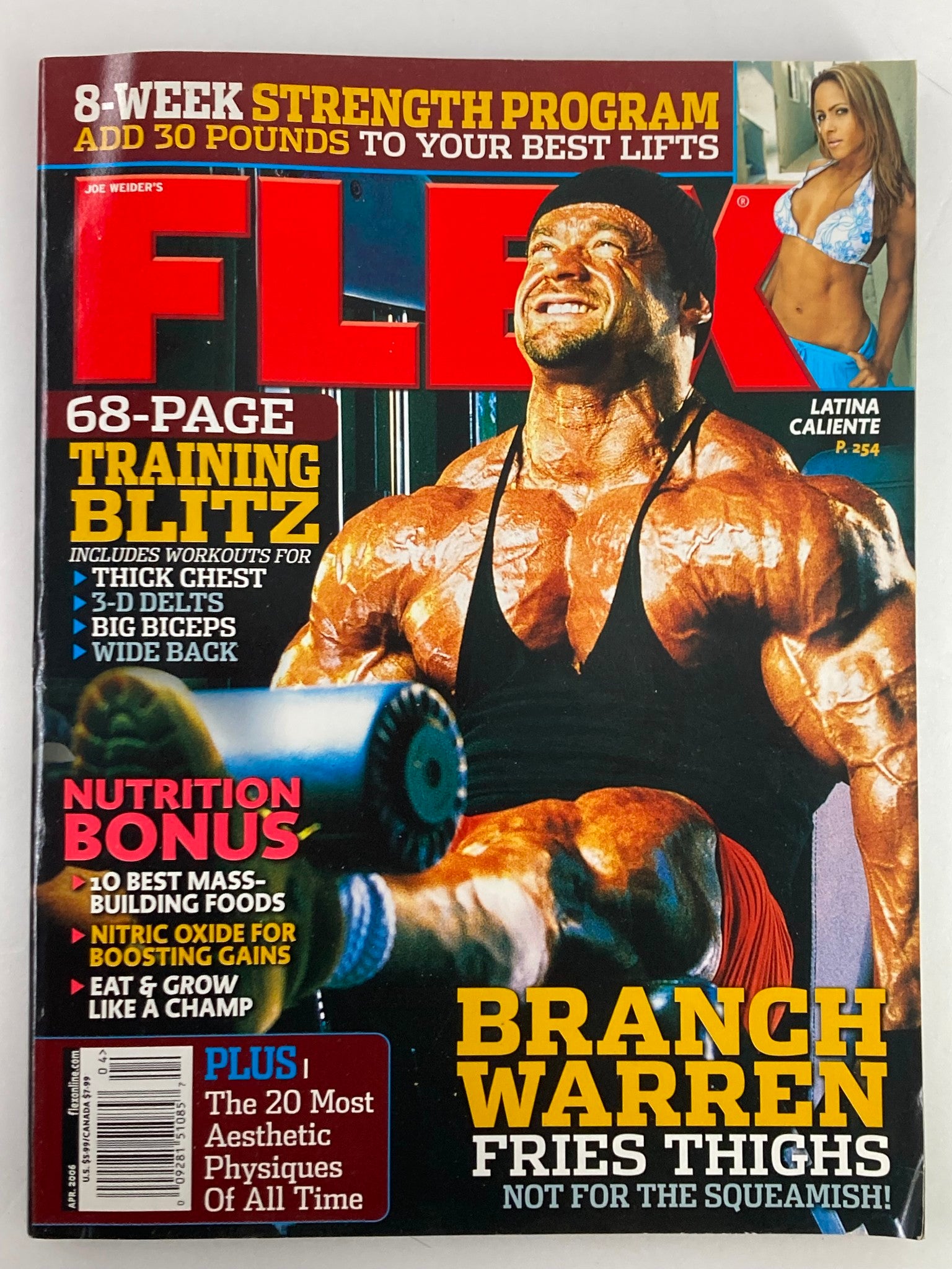Cover of Flex Magazine April 2006 featuring Branch Warren with the title 'Fries Thighs Not for Squeamish'. The magazine includes topics on bodybuilding techniques and a nutrition bonus.