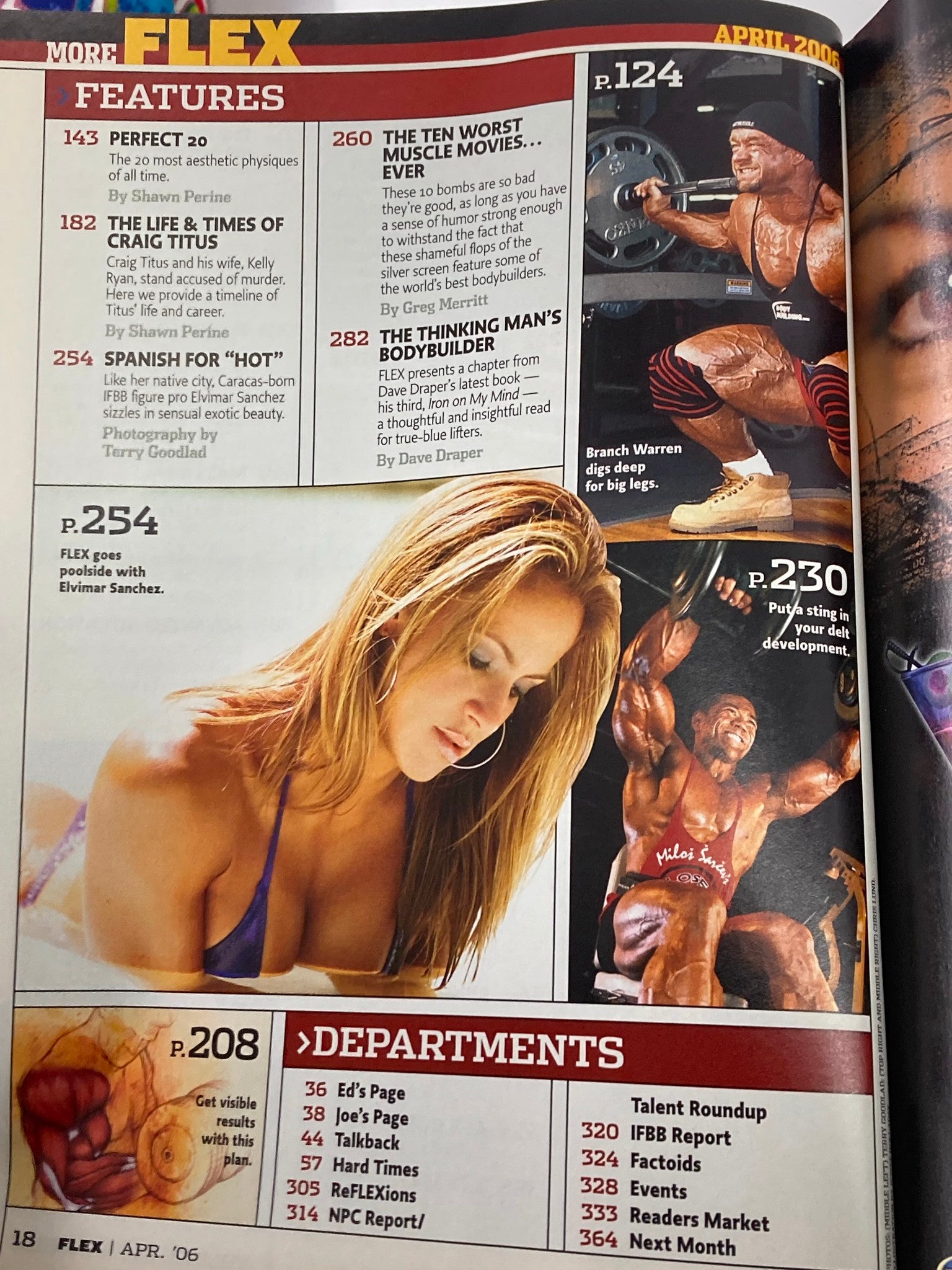 Interior page from Flex Magazine April 2006 showcasing various features including Branch Warren, a list of the worst muscle movies, and bodybuilding event highlights.