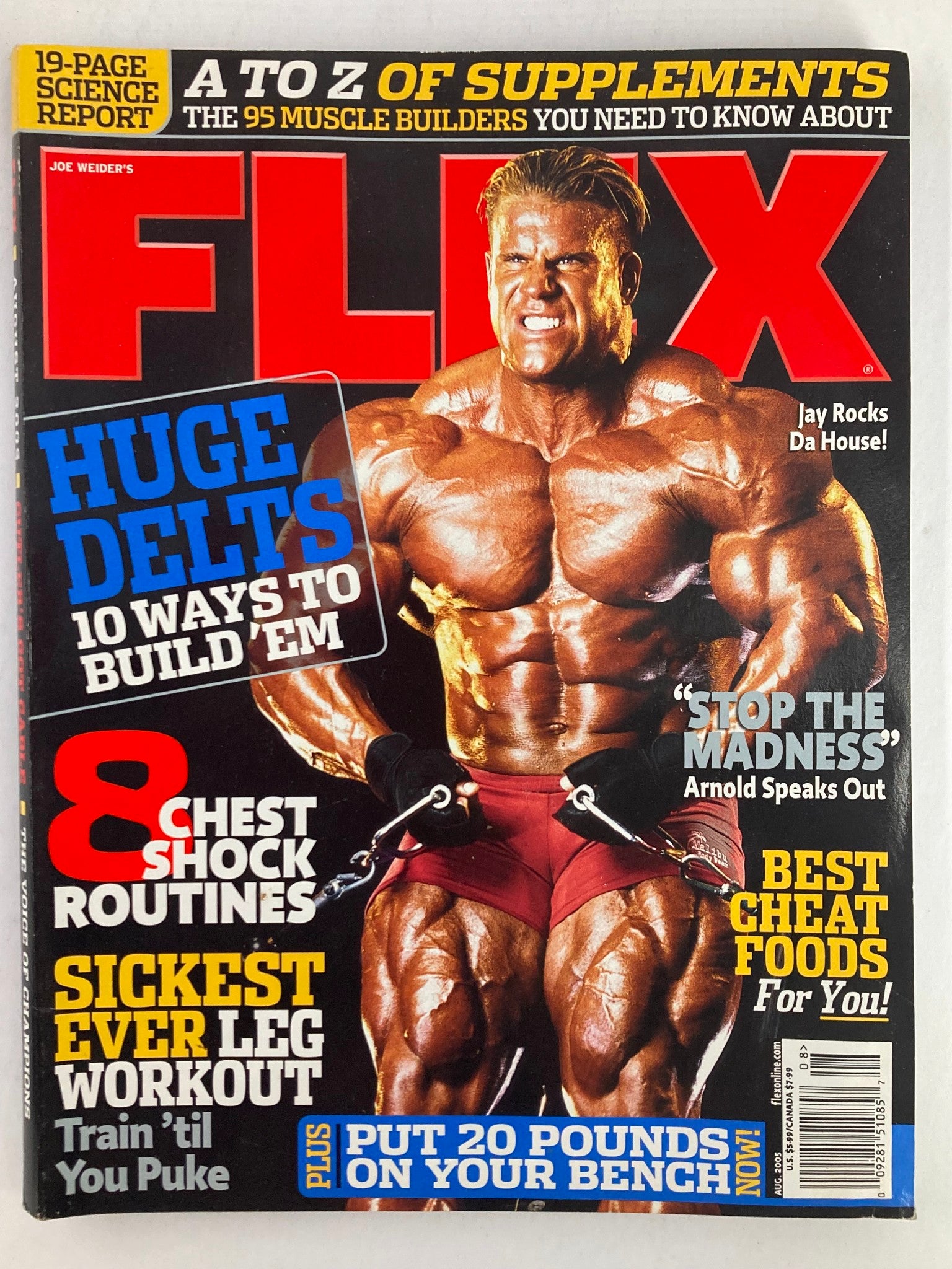Flex Magazine August 2005 Vol 23 #6 featuring Jay Cutler on the cover, showcasing bodybuilding tips and featured workouts.