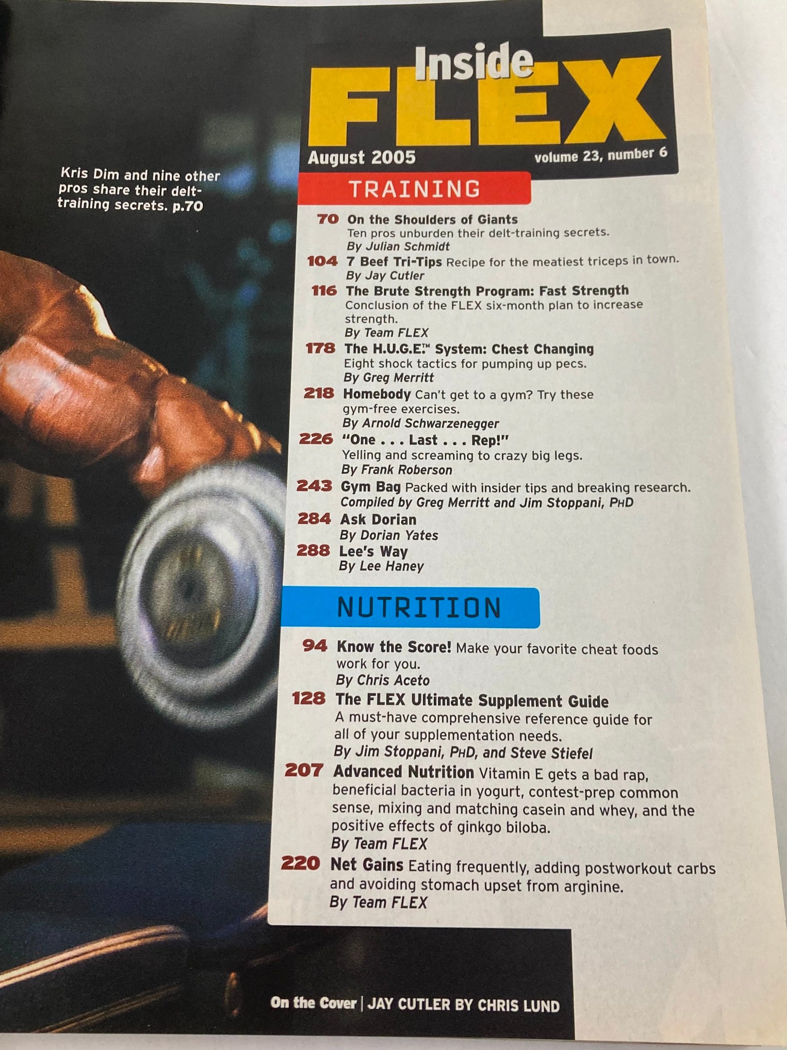 Inside content page of Flex Magazine August 2005 Vol 23 #6, detailing training and nutrition features with articles and workouts.