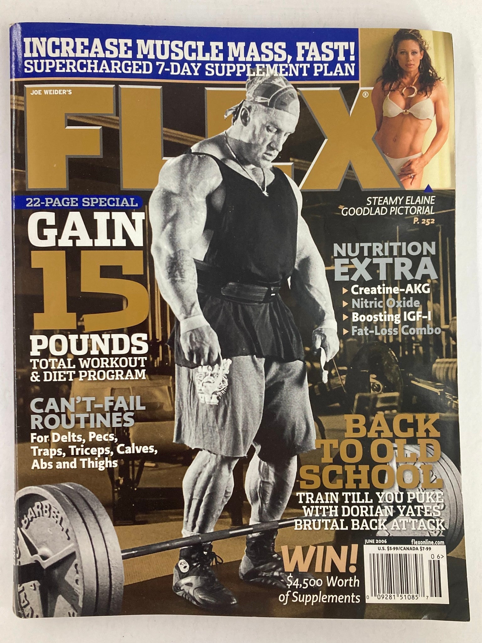 Flex Magazine June 2006 Vol 24 #4 cover featuring Troy Alves and Dorian Yates, showcasing a muscular athlete and health information.