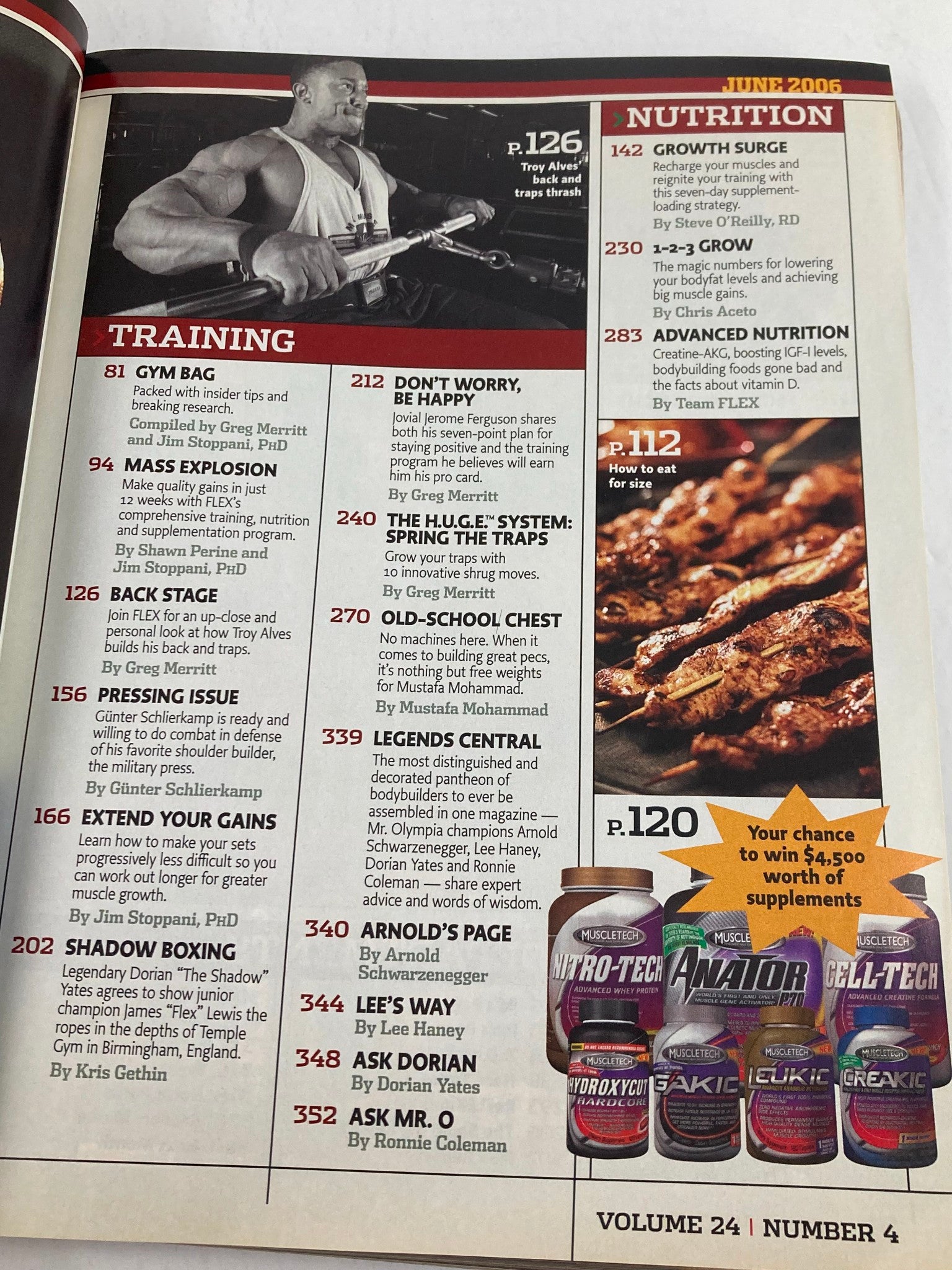 Table of contents from Flex Magazine June 2006 Vol 24 #4, detailing articles on training, nutrition, and fitness tips.