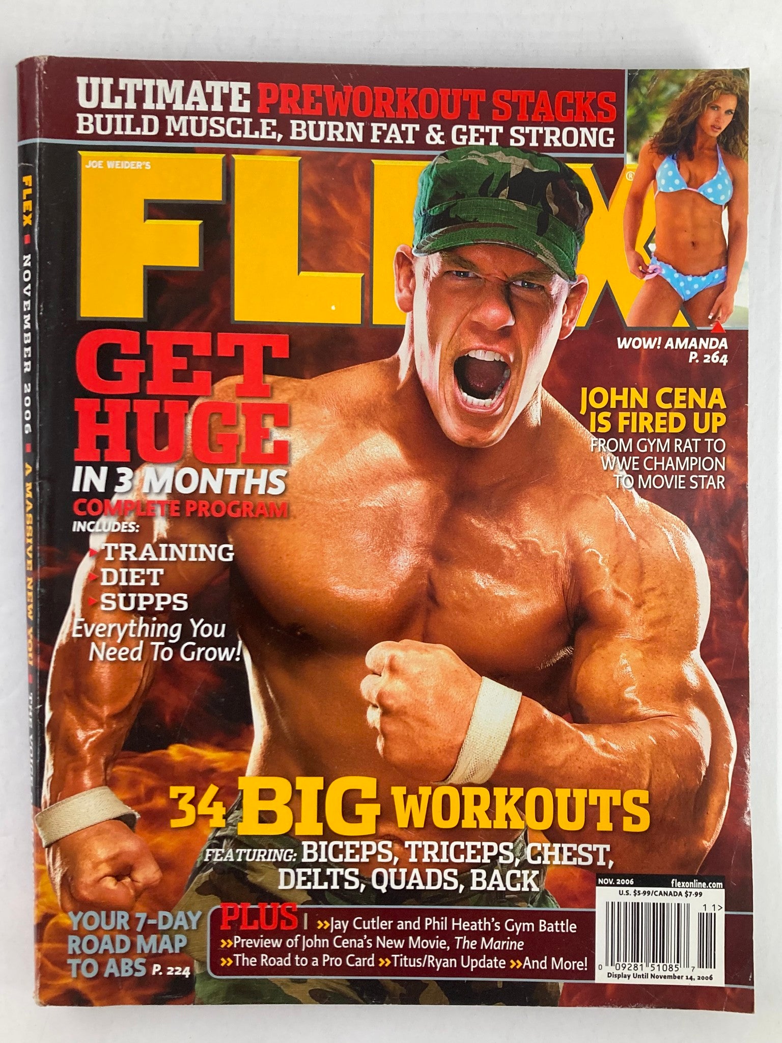 Flex Magazine November 2006 cover featuring John Cena and Amanda with the title 'Get Huge in 3 Months' and highlights on workouts, nutrition, and fitness programs.