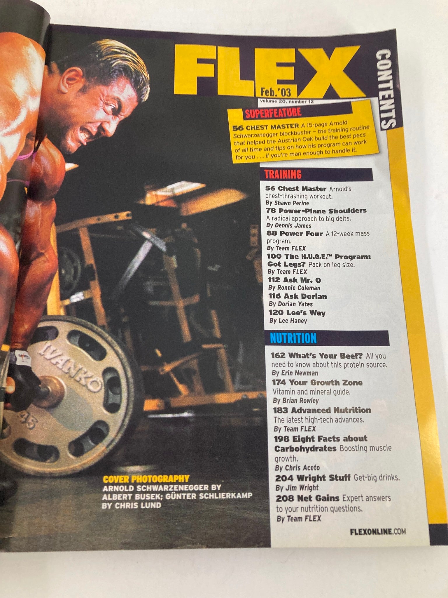 Flex Magazine February 2003 Vol 20 #12, featuring contents page with Arnold Schwarzenegger, showcasing training tips and nutrition insights.