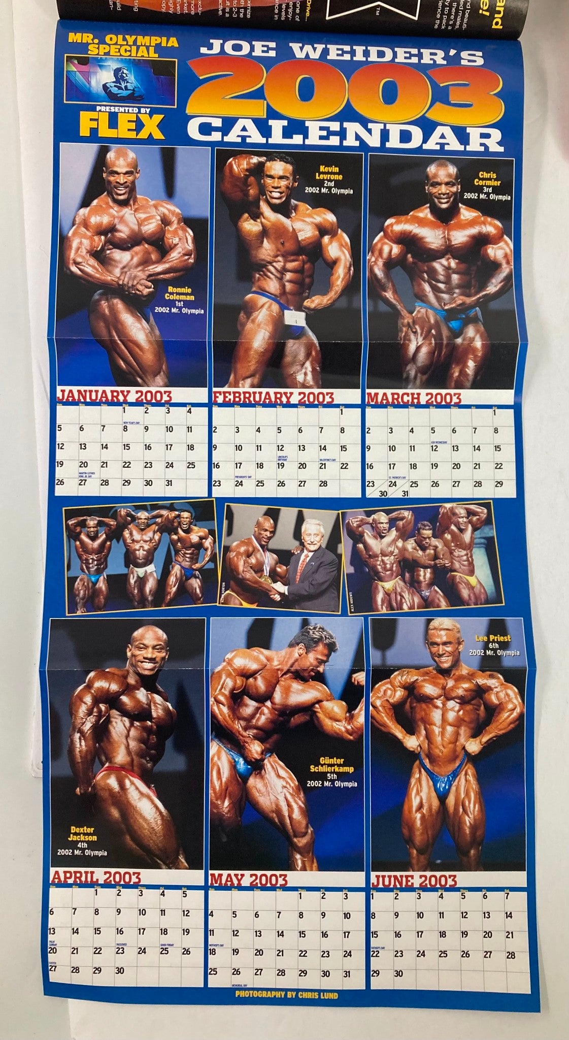 Flex Magazine February 2003 Vol 20 #12, includes Joe Weider's 2003 calendar with bodybuilding poses and highlights from various competitions.