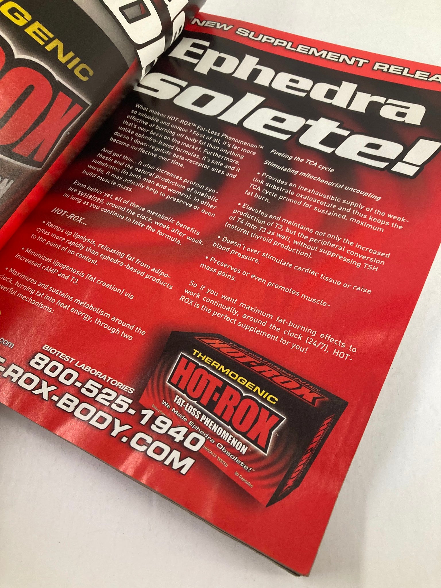 Inside page advertisement from Flex Magazine November 2003 Vol 21 #9 featuring HotRox supplement, promoting its thermogenic and fat-burning effects.