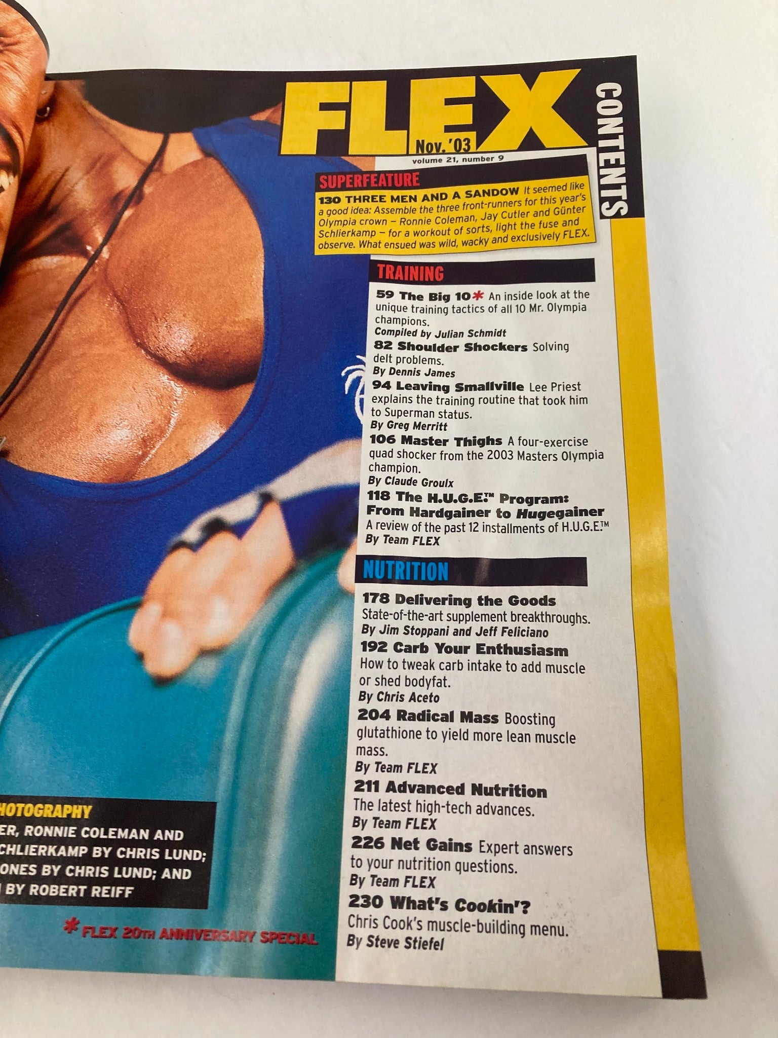 Contents page of Flex Magazine November 2003 Vol 21 #9 showcasing articles on training and body muscle development.