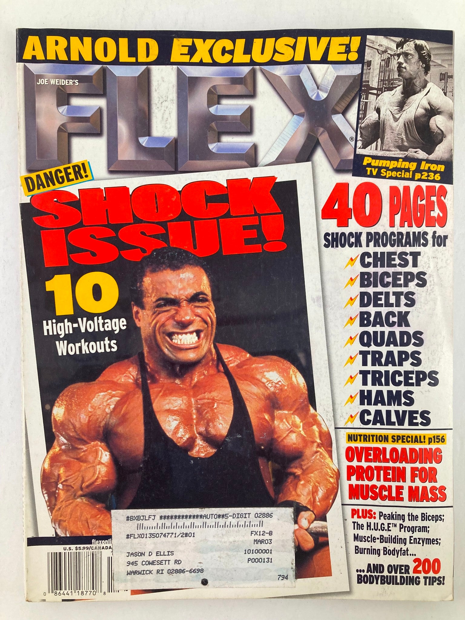 Flex Magazine December 2002 Vol 20 #10 Dennis James and Schwarzenegger w Poster