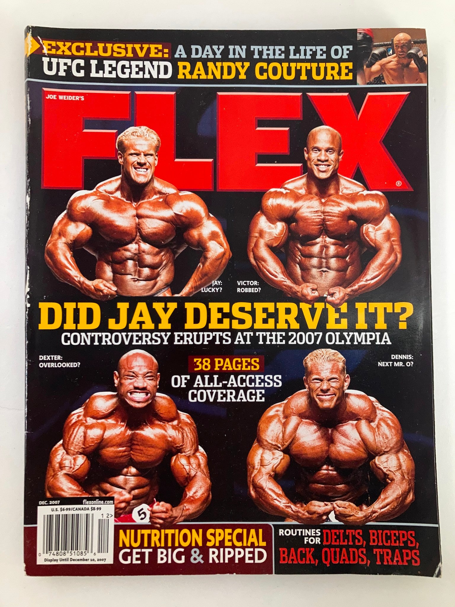Cover of Flex Magazine December 2007 featuring Jay Cutler and Víctor Martínez, showcasing bodybuilding insights and training tips.