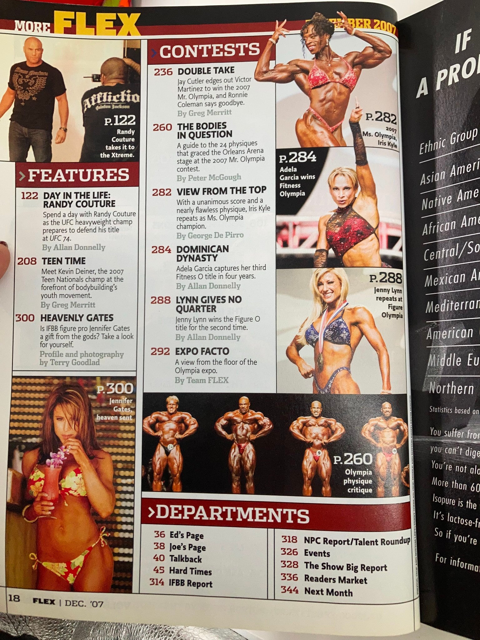 Inside page of Flex Magazine December 2007 displaying contest details and profiles of leading bodybuilders, complementing the cover with Jay Cutler and Víctor Martínez.