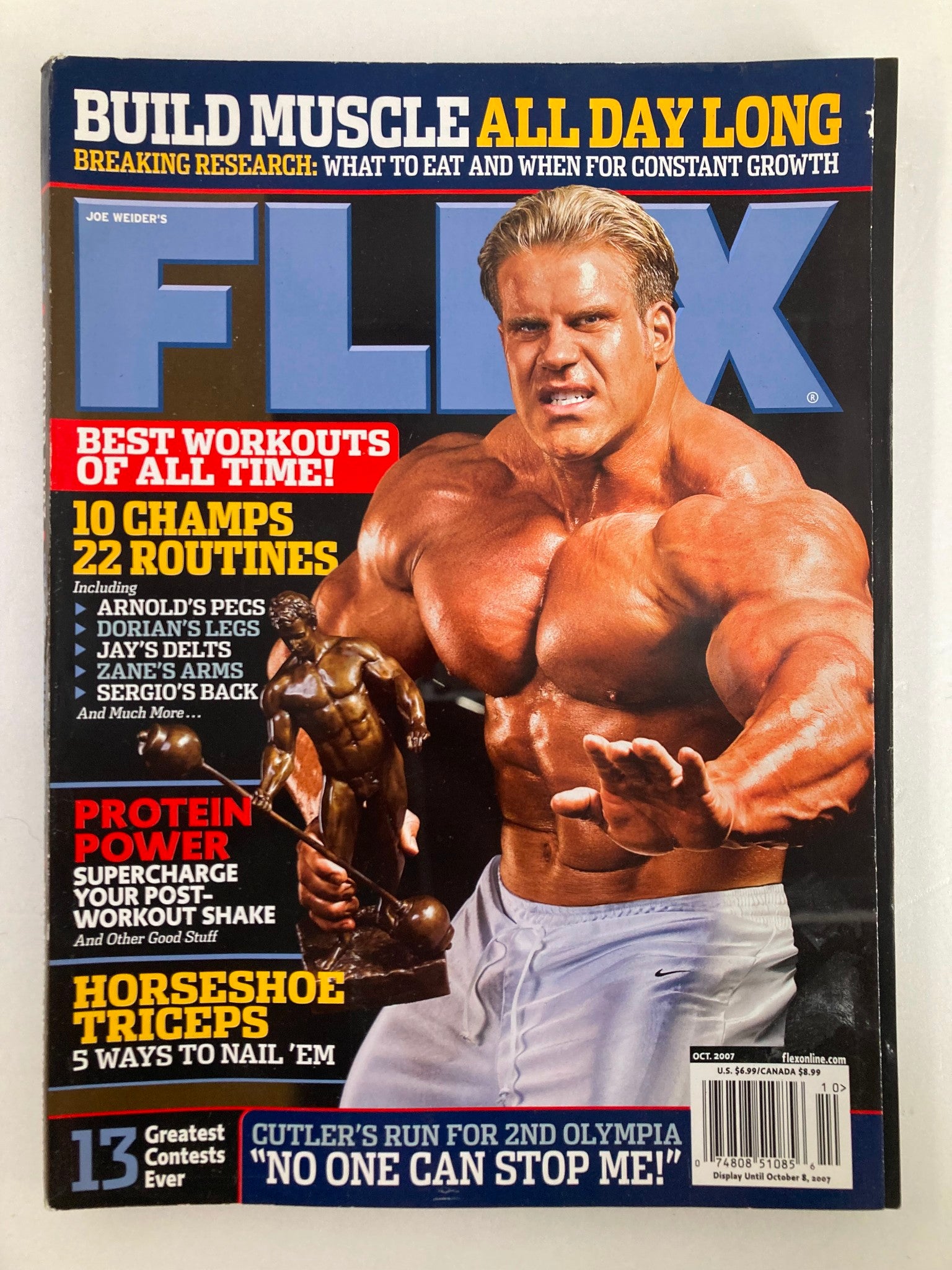 Cover of Flex Magazine October 2007 Vol 25 #8 featuring Jay Cutler showcasing a muscular physique and holding a trophy, with the headline 'Build Muscle All Day Long' and details about workouts and contests.