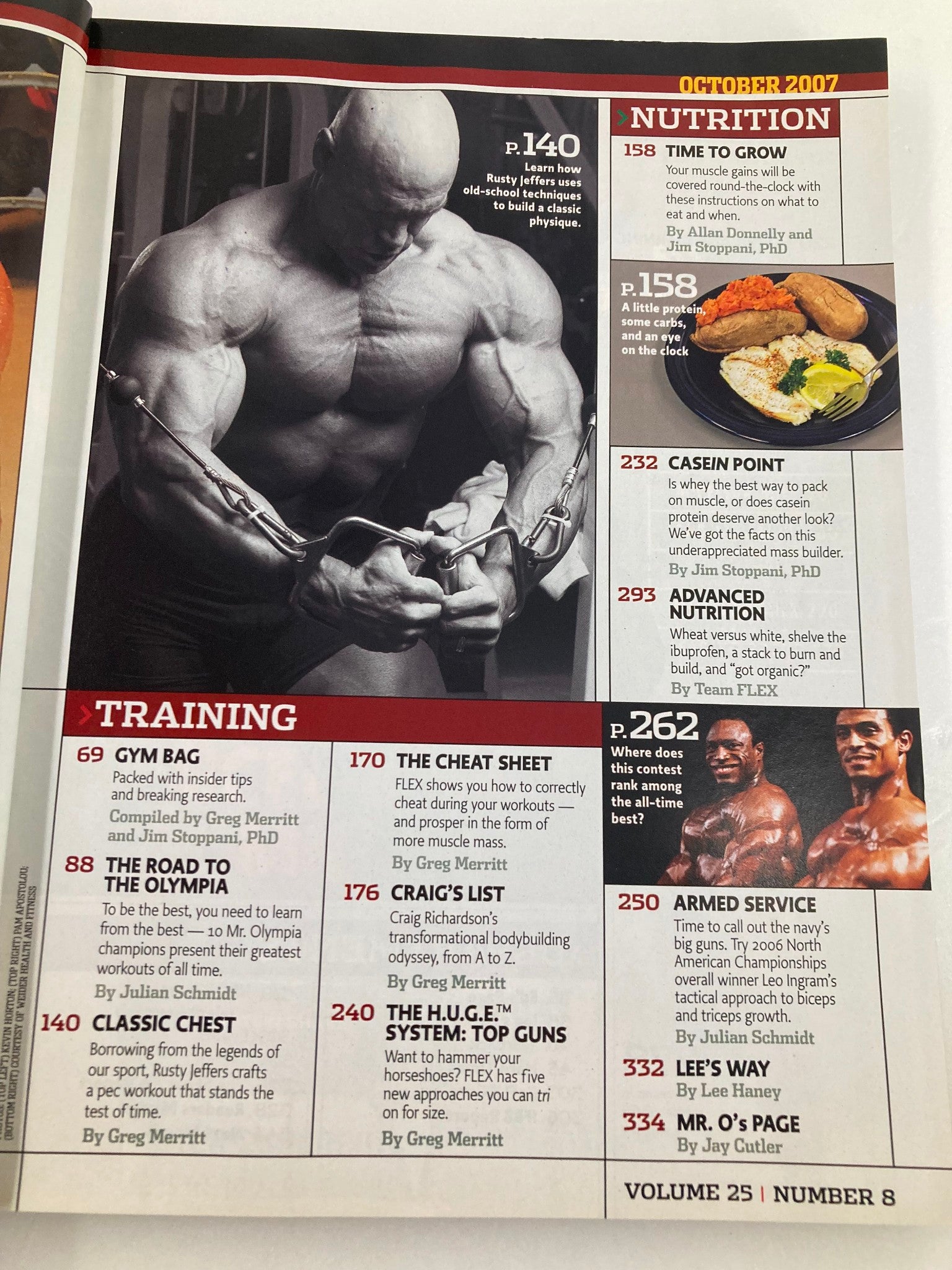 October 2007 issue of Flex Magazine, Volume 25, Number 8, featuring topics on bodybuilding training, nutrition, and health, including sections on Gym Bag, The Olympia, and advanced workout strategies. Cover artwork includes images and articles by industry experts.