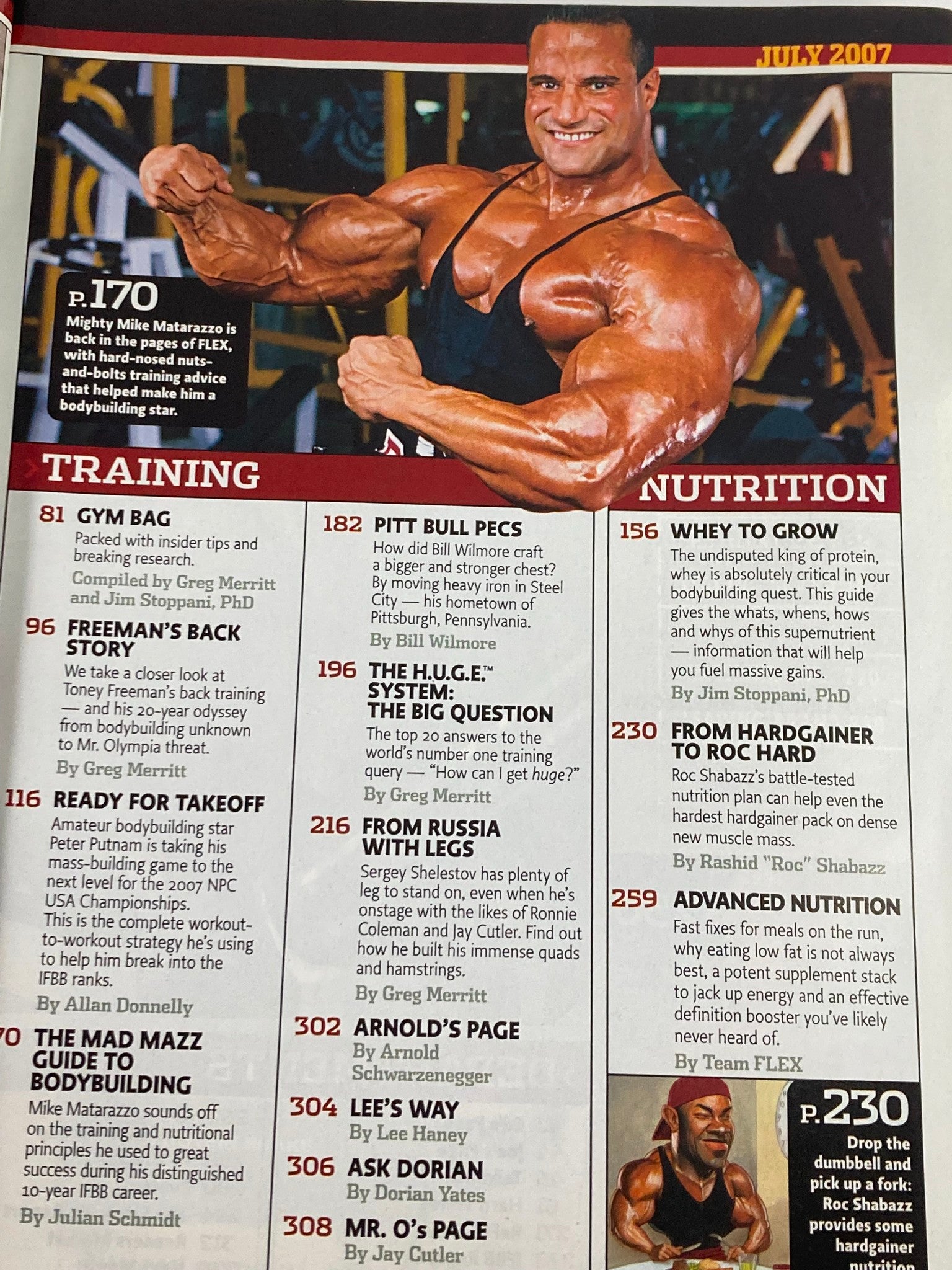 Inside page from Flex Magazine July 2007 showcasing fitness and bodybuilding content, including training and nutrition tips.