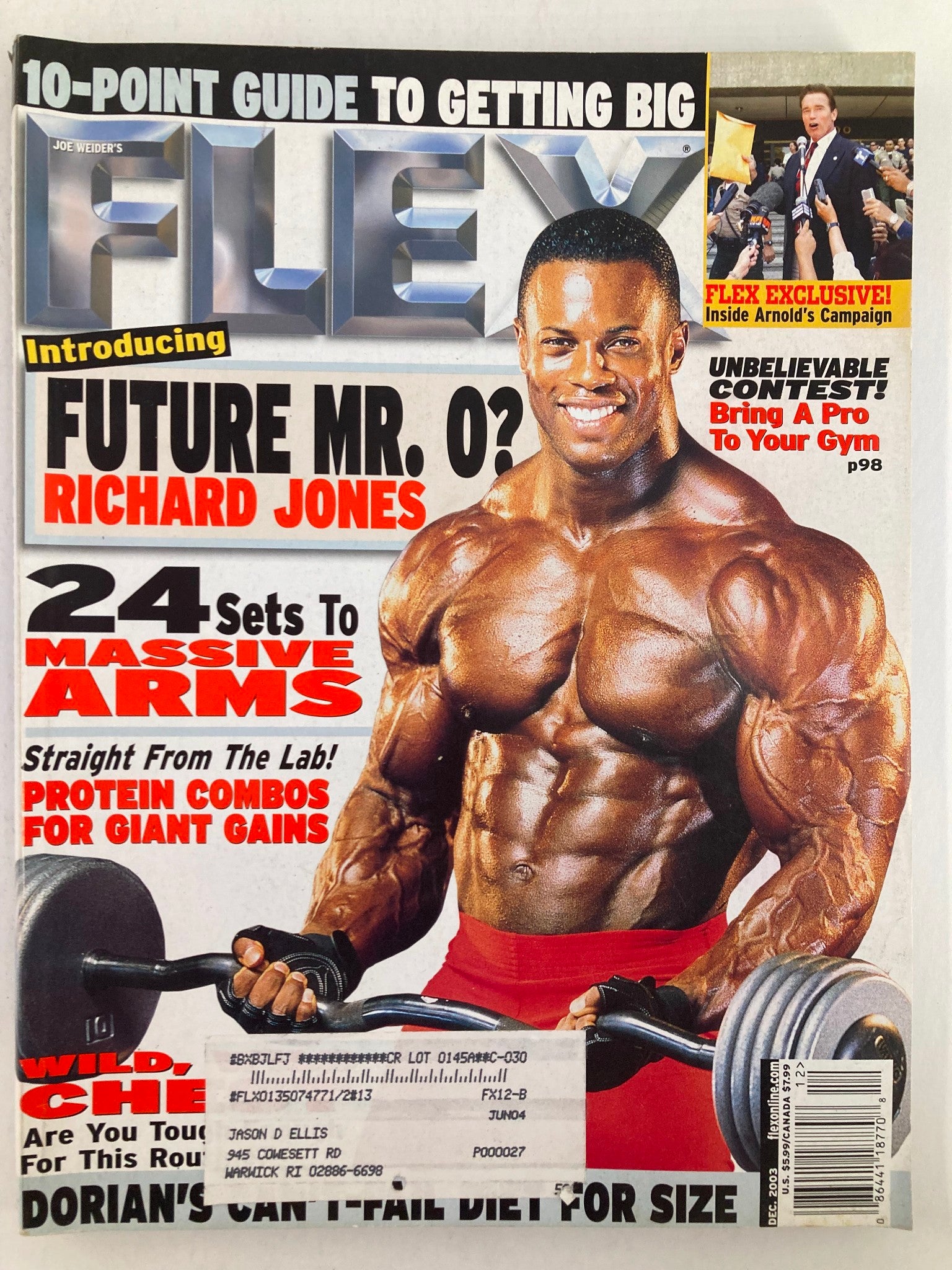 Flex Magazine December 2003 cover featuring Richard Jones, hailed as 'The Future Mr. Olympia?', showcasing a muscular physique and posing with a dumbbell.
