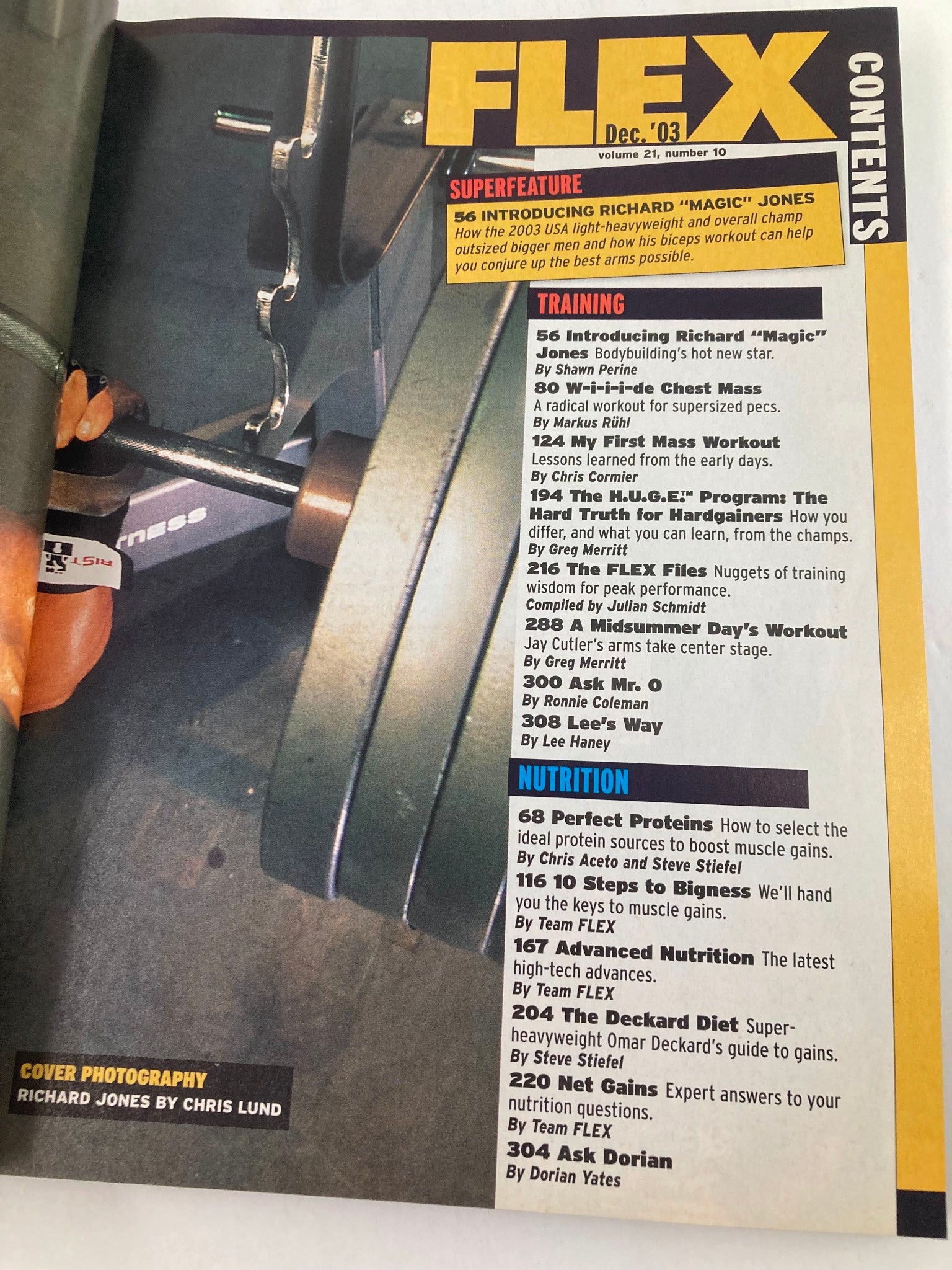Contents page of Flex Magazine December 2003, including articles on training, nutrition, and featuring Richard Jones.