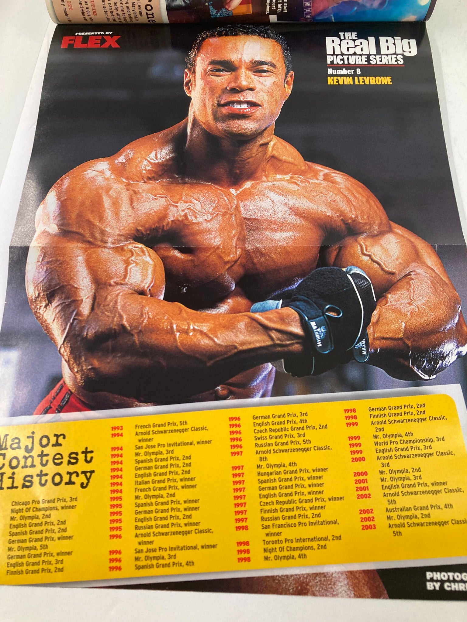 Poster from Flex Magazine December 2003 highlighting Kevin Levrone with a focus on his major contest history and impressive physique.
