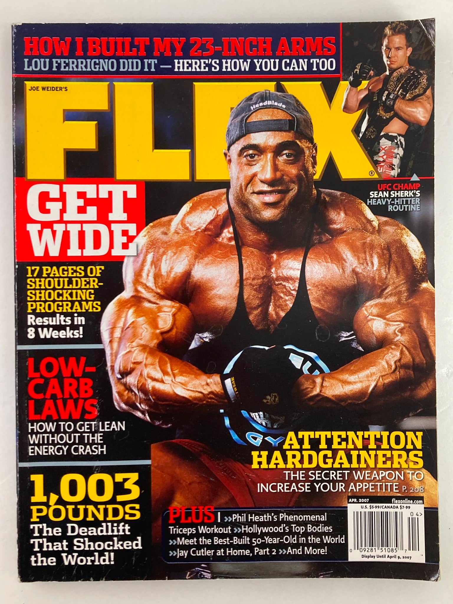 Flex Magazine April 2007 cover featuring muscular athlete with Joe Weider's Flex logo, showcasing bodybuilding culture. This collectible issue includes highlights from Phil Heath and Sean Sherk, making it a vintage treasure for fitness enthusiasts.