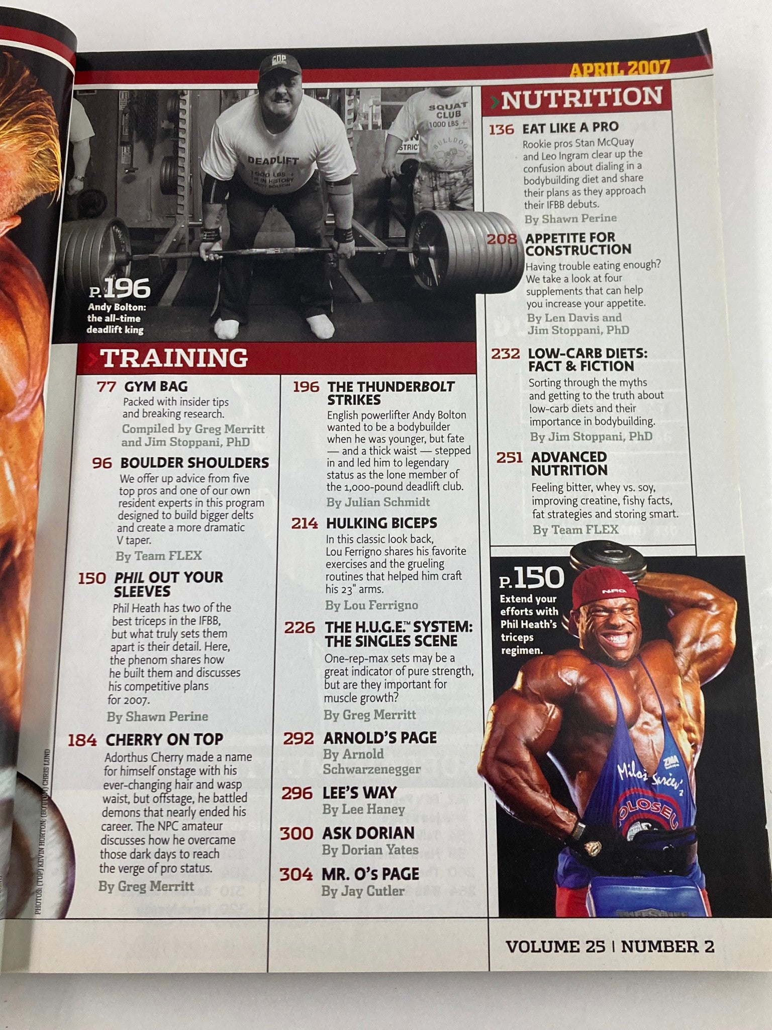 Inside page of Flex Magazine April 2007 displaying articles on training and nutrition, including sections by Jay Cutler and Greg Merritt. This informative content captures the essence of bodybuilding in Volume 25, Number 2.