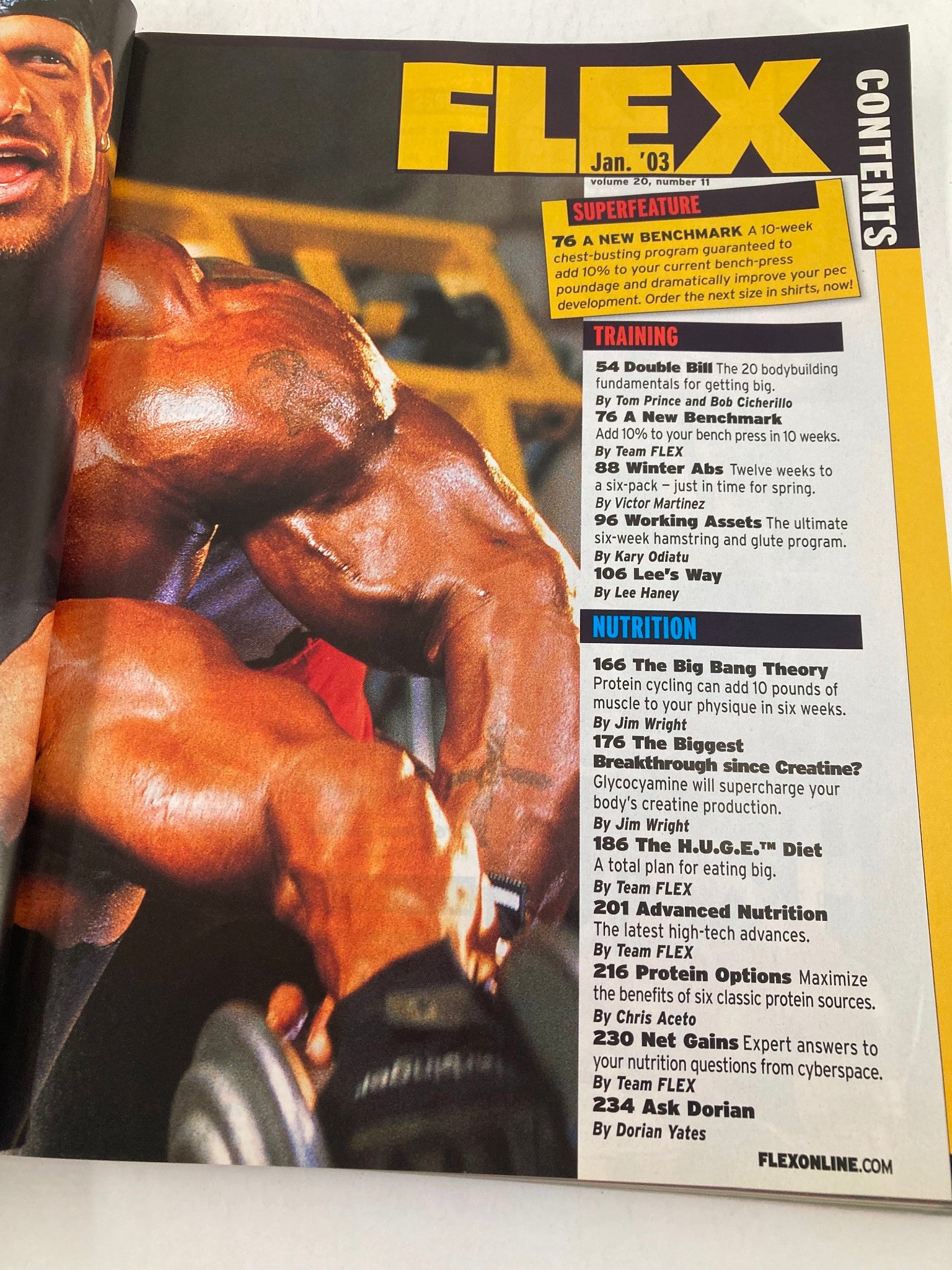 Table of contents from Flex Magazine January 2003 Vol 20 #11, listing features on bodybuilding training and nutrition.