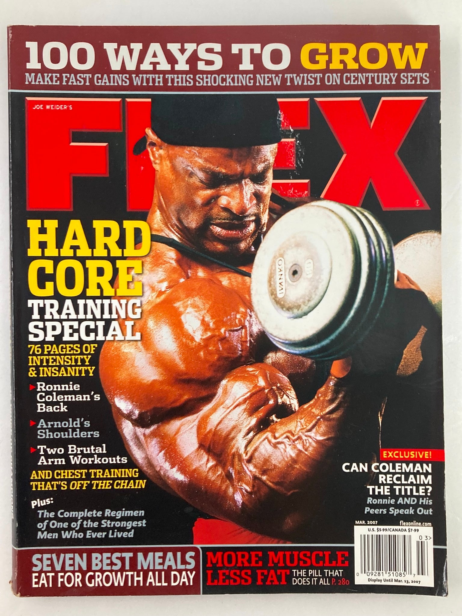 Flex Magazine March 2007 Vol 25 #1 featuring Ronnie Coleman's back on the cover, showcasing a muscular bodybuilder lifting weights, emphasizing strength training and fitness culture.