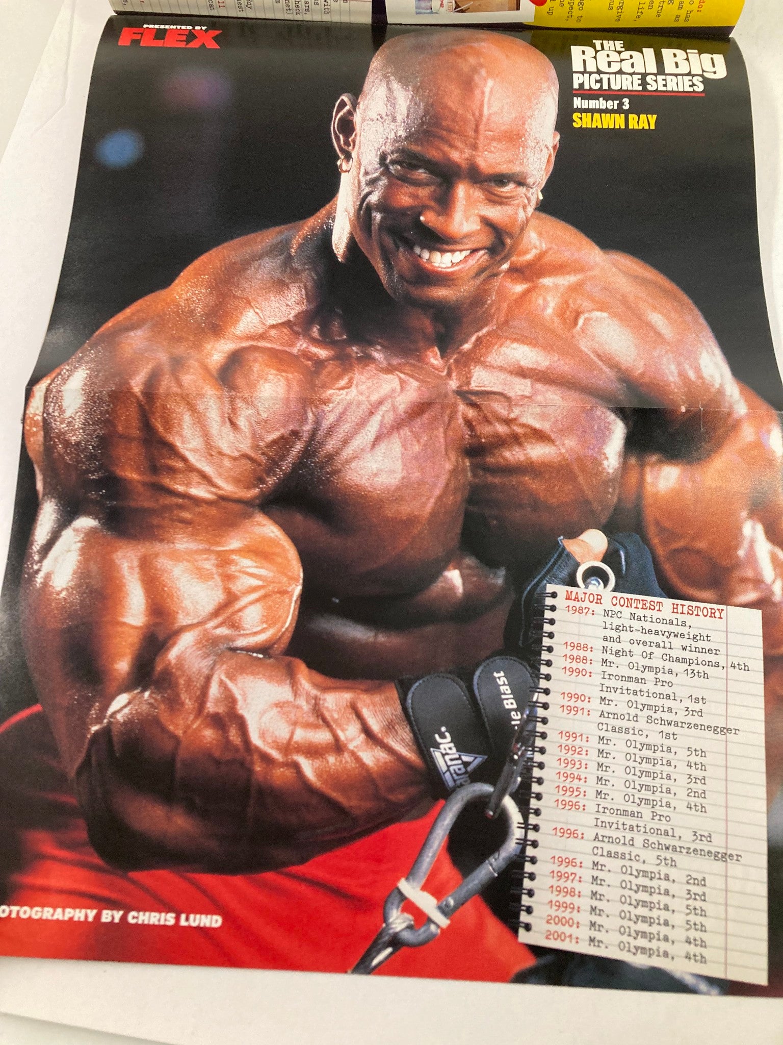 Poster of Shawn Ray from Flex Magazine January 2003 Vol 20 #11, displaying major contest history in bodybuilding.
