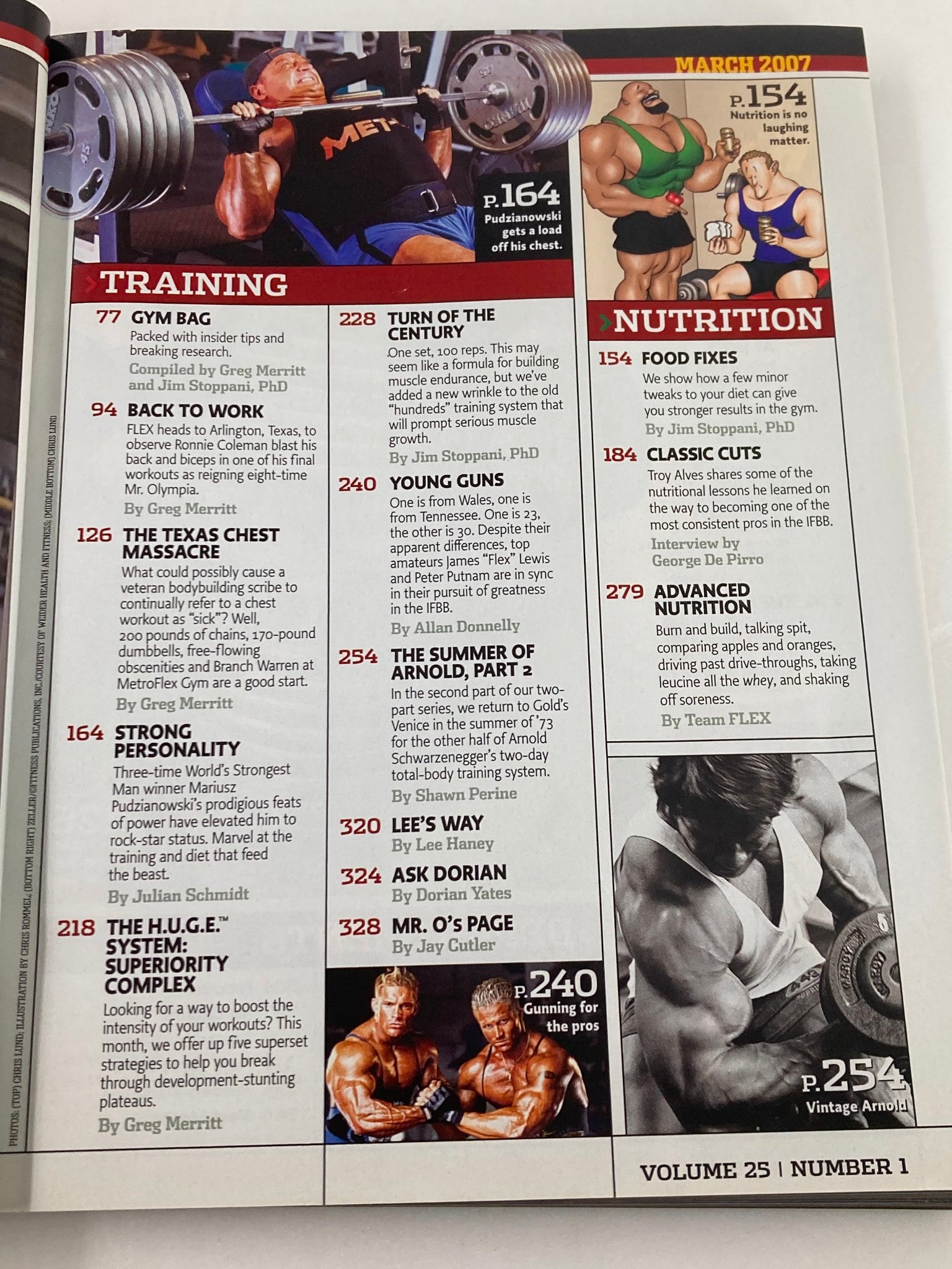 An interior page from Flex Magazine March 2007 Vol 25 #1 detailing various training tips and nutrition advice, including a focus on bodybuilding techniques and workout routines.