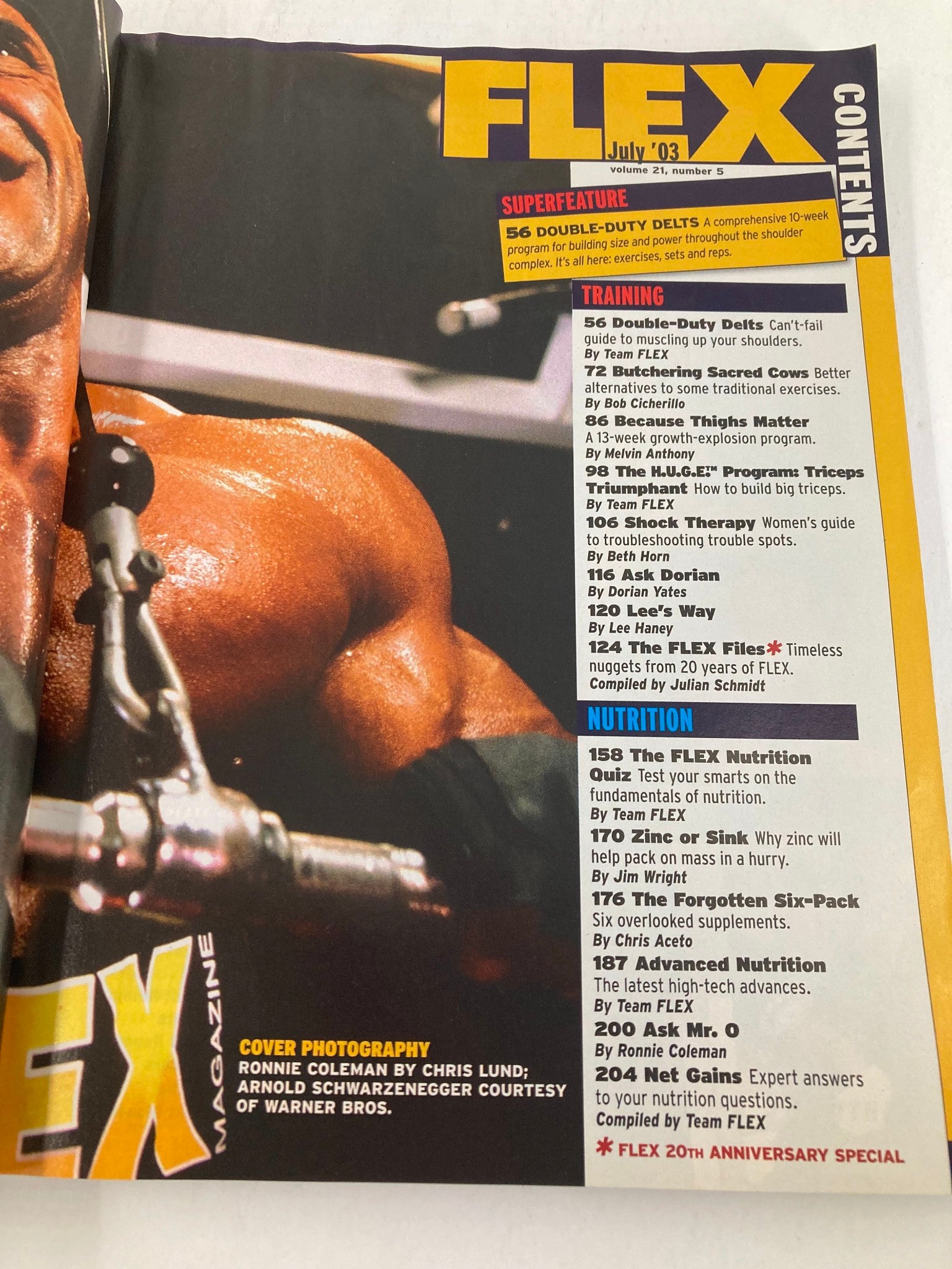 Contents page of Flex Magazine July 2003, Volume 21 Number 5, featuring Ronnie Coleman and Arnold Schwarzenegger, highlighting bodybuilding training, nutrition, and articles.