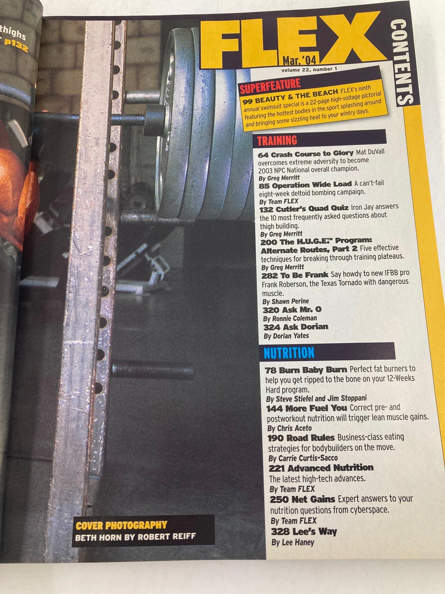 Contents page of Flex Magazine March 2004 Vol 22 #1, highlighting articles on training and nutrition, including sections on fat burners and fitness advice.