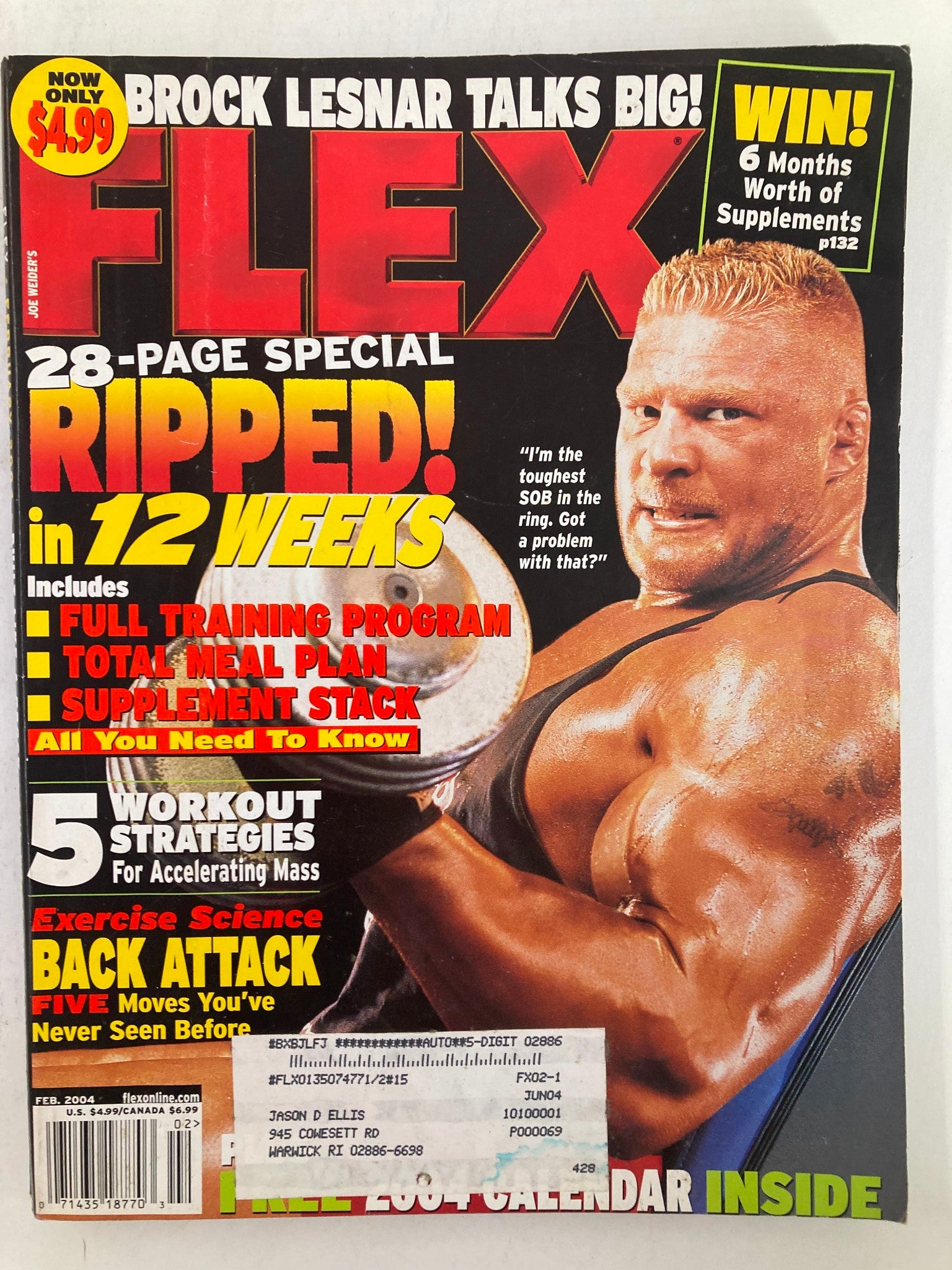 Flex Magazine February 2004 cover featuring Brock Lesnar, labeled as 'Toughest SOB,' showcasing bodybuilding highlights and promotional details, perfect for collectors.