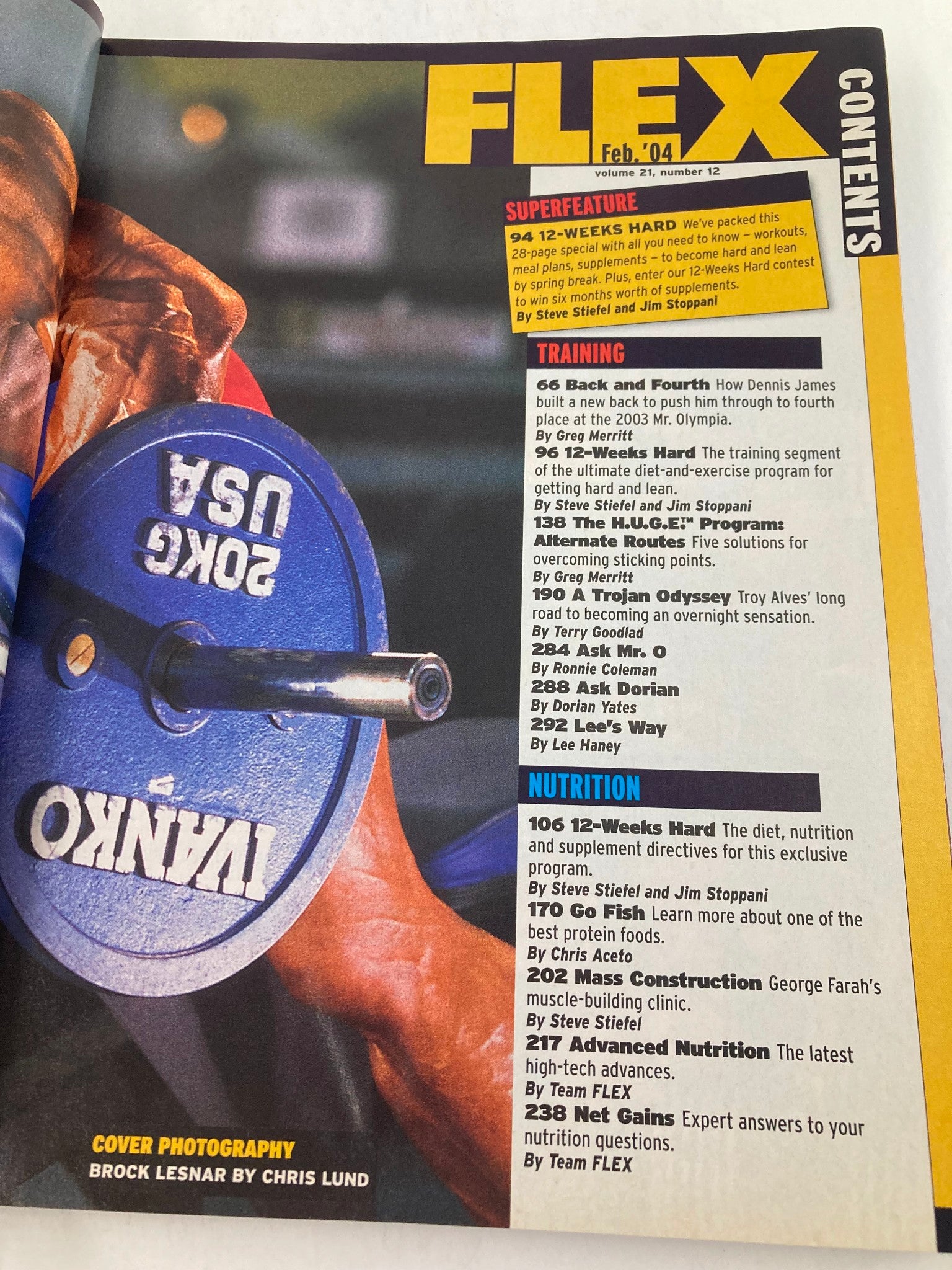 Contents page of Flex Magazine February 2004 featuring topics like training and nutrition, including Brock Lesnar's contributions and insights.