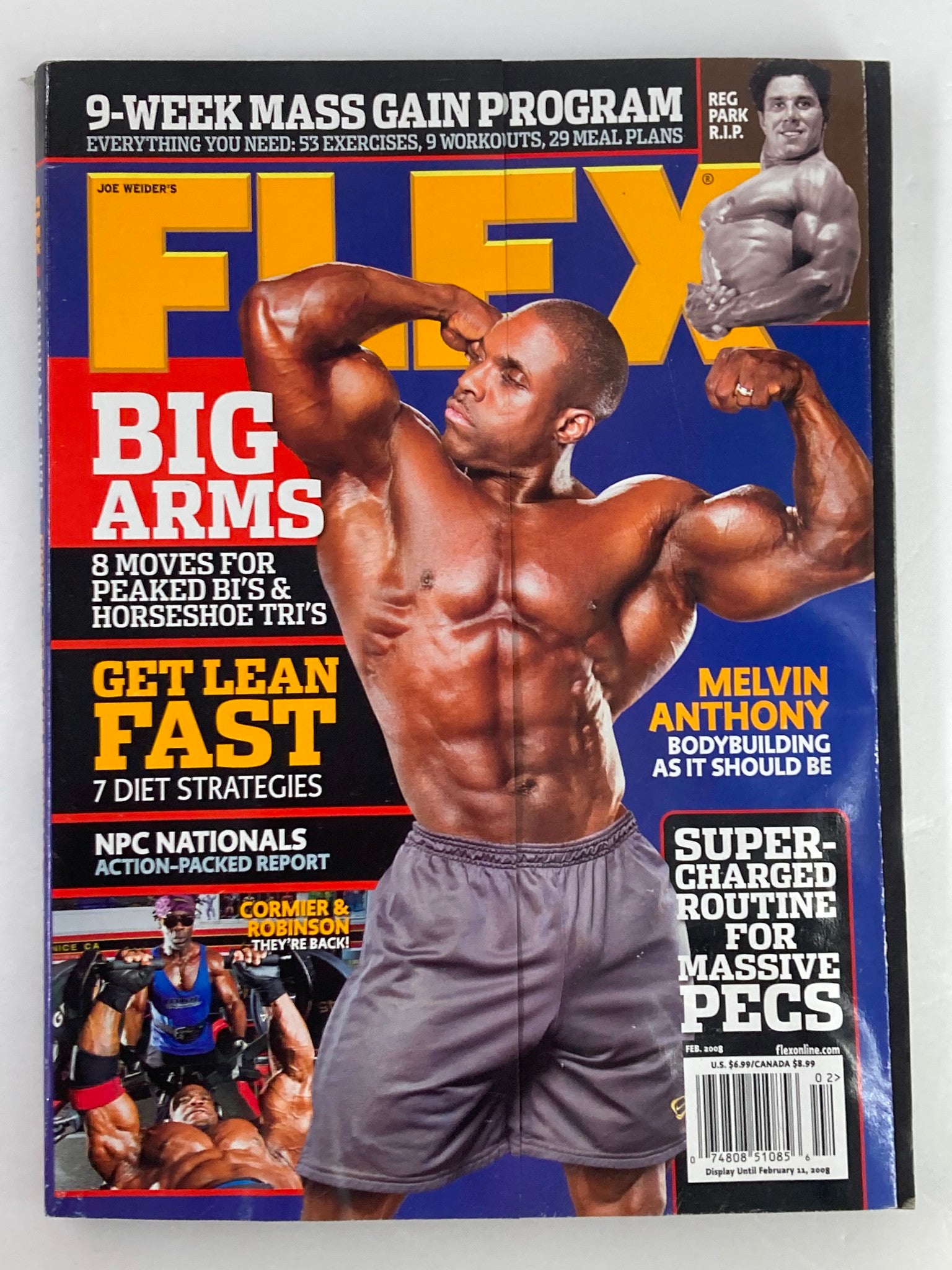 Flex Magazine February 2008 Vol 25 #12 featuring Melvin Anthony showcasing a muscular physique with the headline 'Big Arms' highlighting bodybuilding strategies.