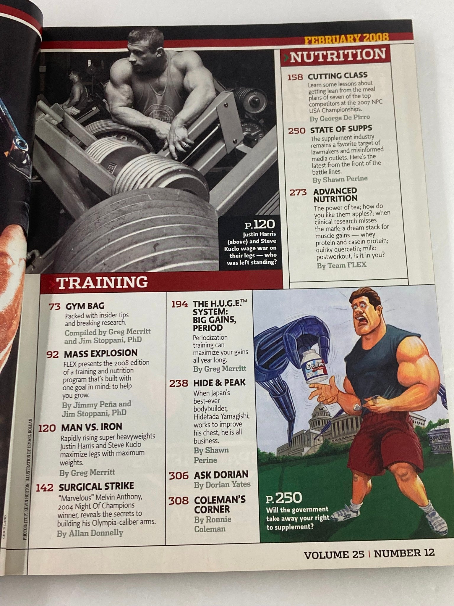 Inside page of Flex Magazine February 2008 Vol 25 #12 displaying a content layout on nutrition and training strategies, featuring articles and illustrations related to bodybuilding.