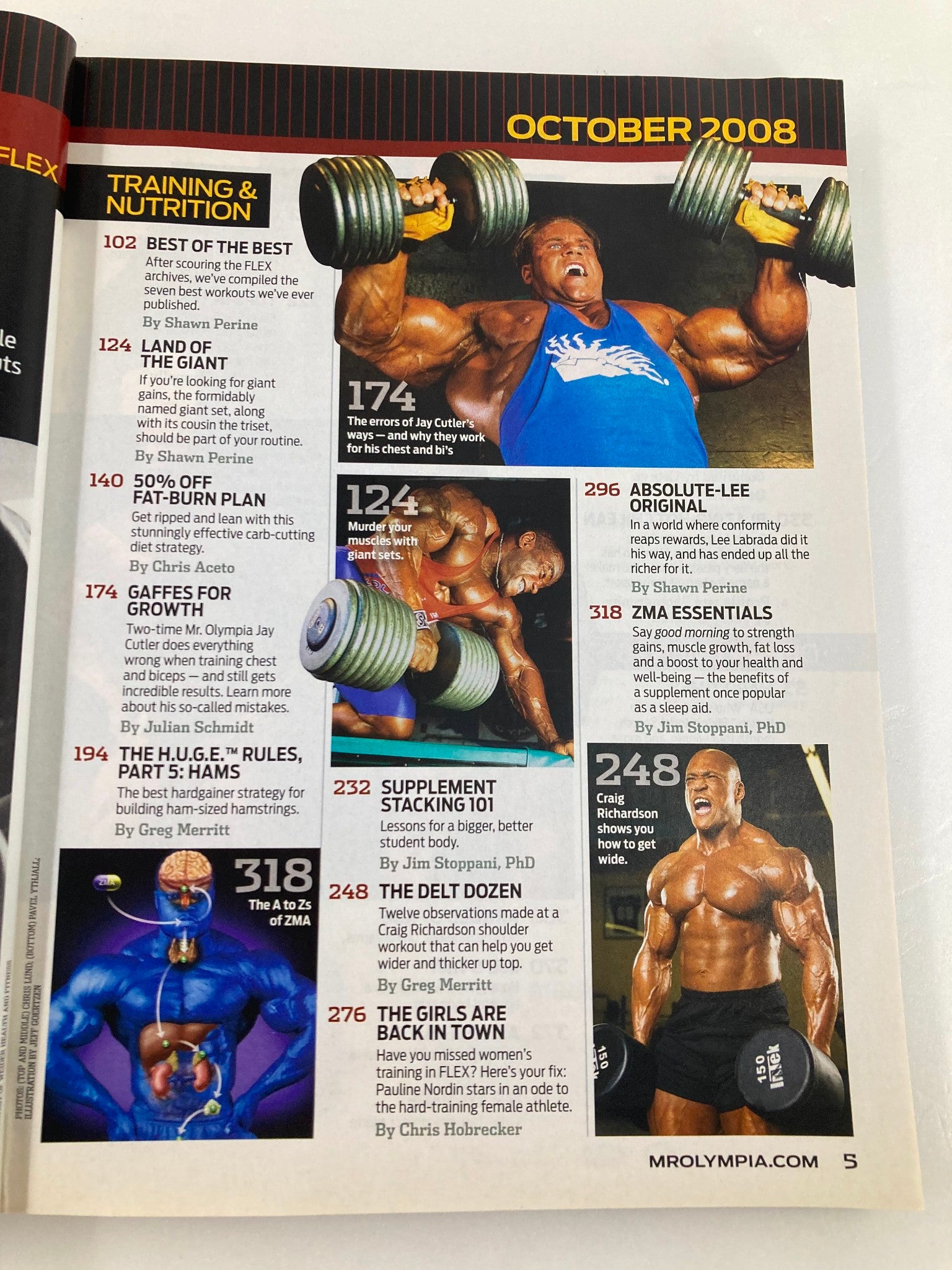 Page from Flex Magazine October 2008 featuring an image of a bodybuilder performing a heavy dumbbell workout. The layout includes sections on training and nutrition, highlighting fitness tips and routines from leading athletes.